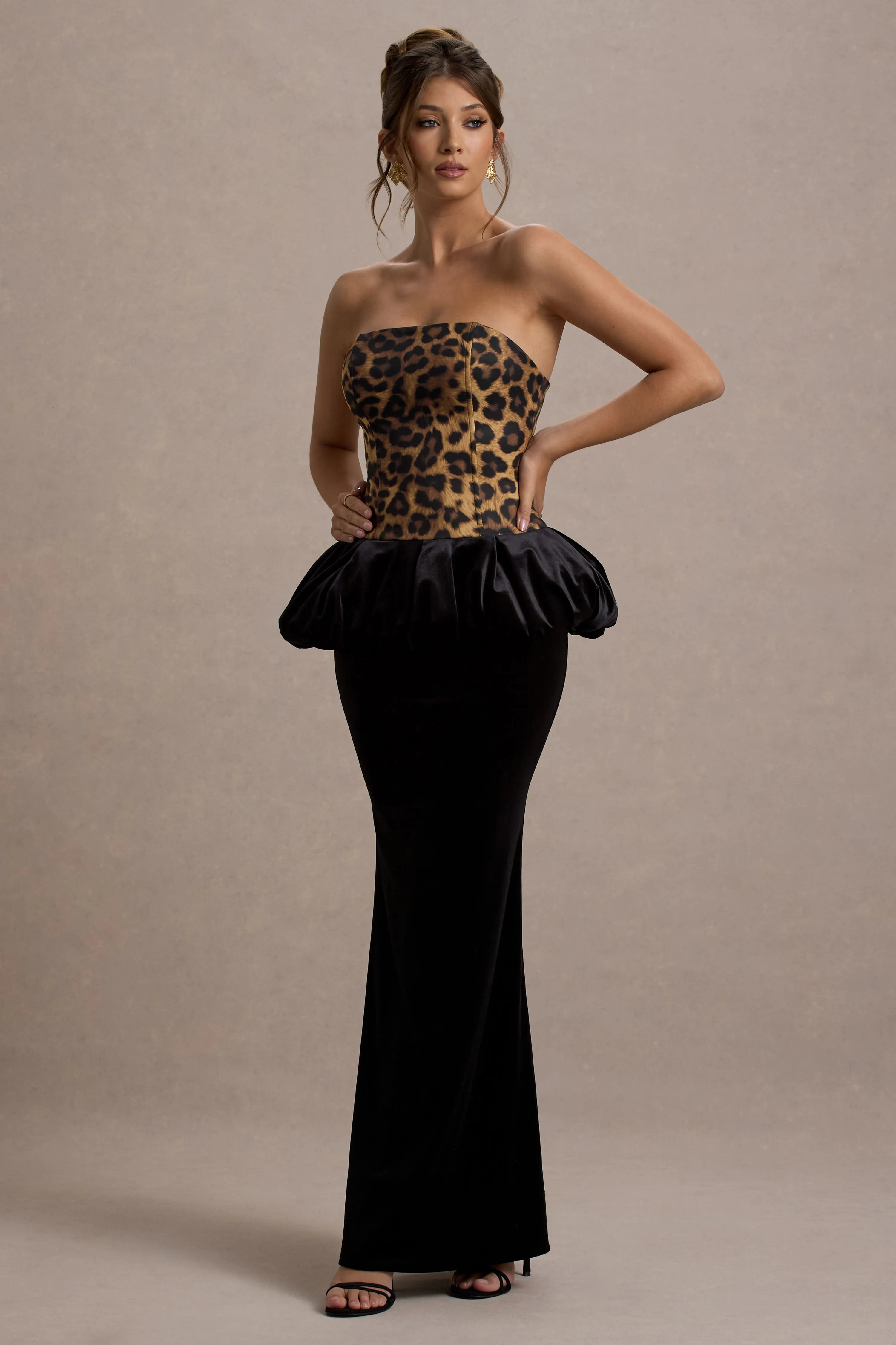 Harriette | Leopard Print Bandeau Maxi Dress With Black Velvet Peplum Skirt Club L London