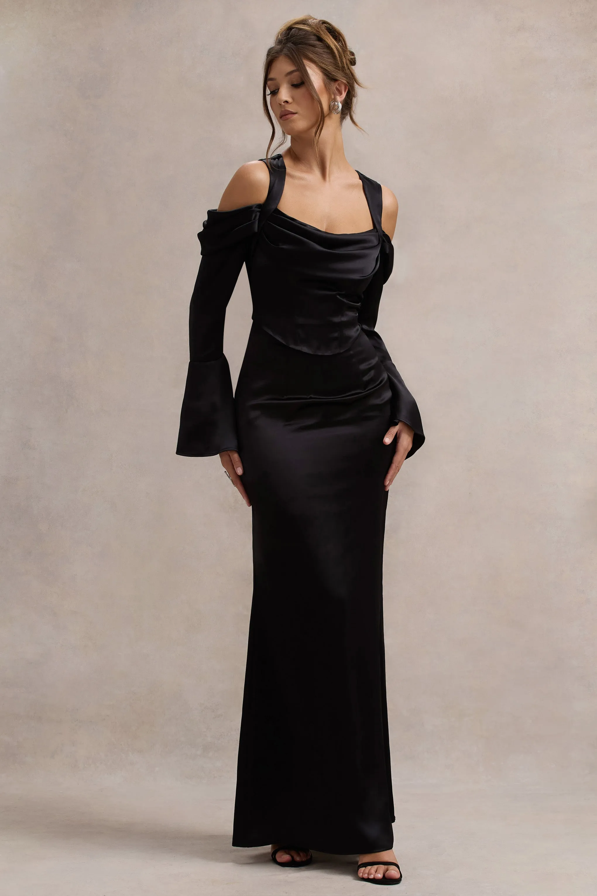 Heartthrob | Black Satin Draped Bardot Maxi Dress Club L London
