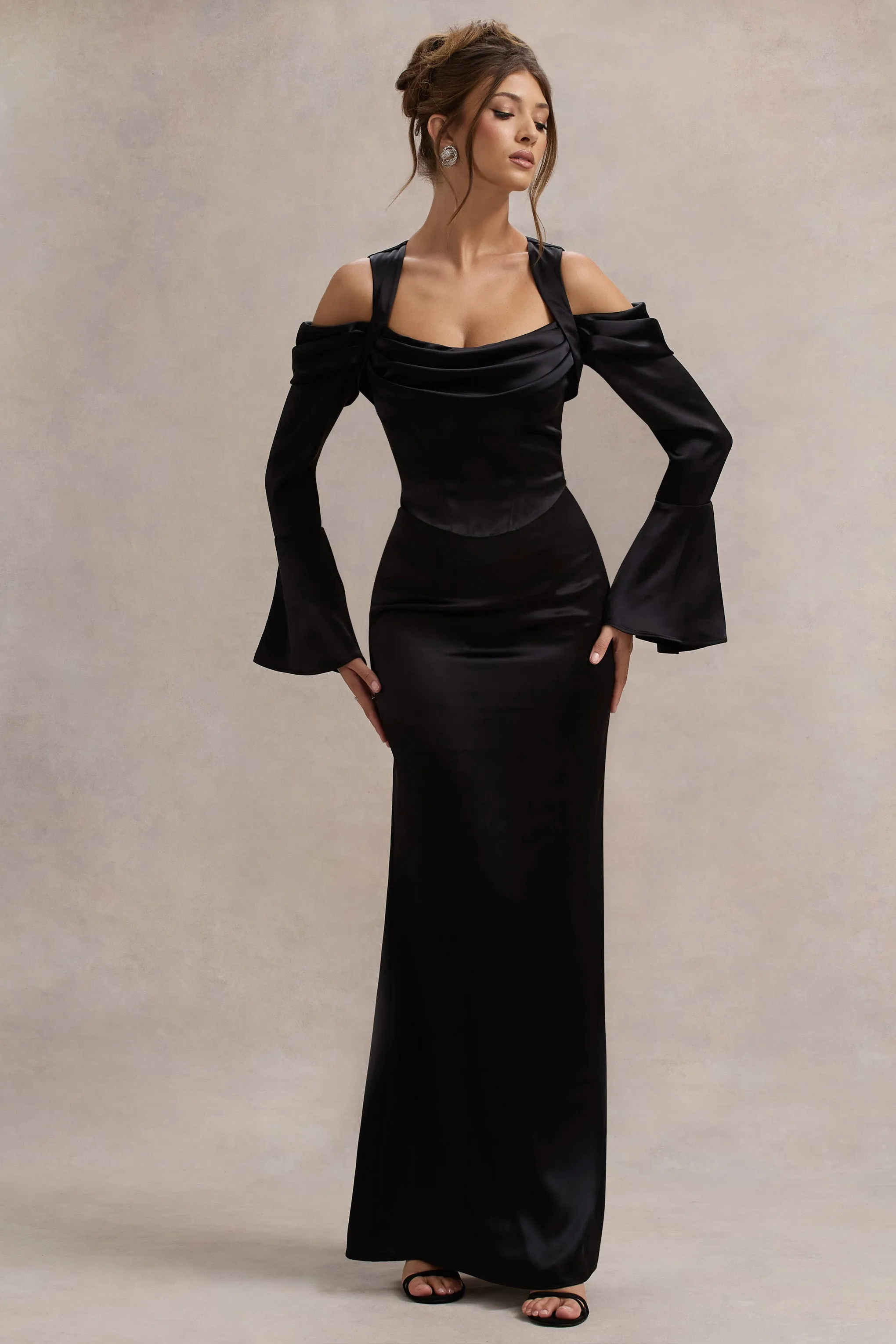 Heartthrob | Black Satin Draped Bardot Maxi Dress Club L London