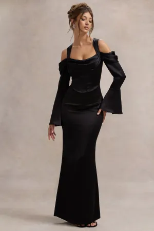 Heartthrob | Black Satin Draped Bardot Maxi Dress Club L London