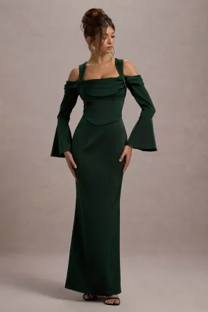 Heartthrob | Green Satin Draped Bardot Maxi Dress Club L London