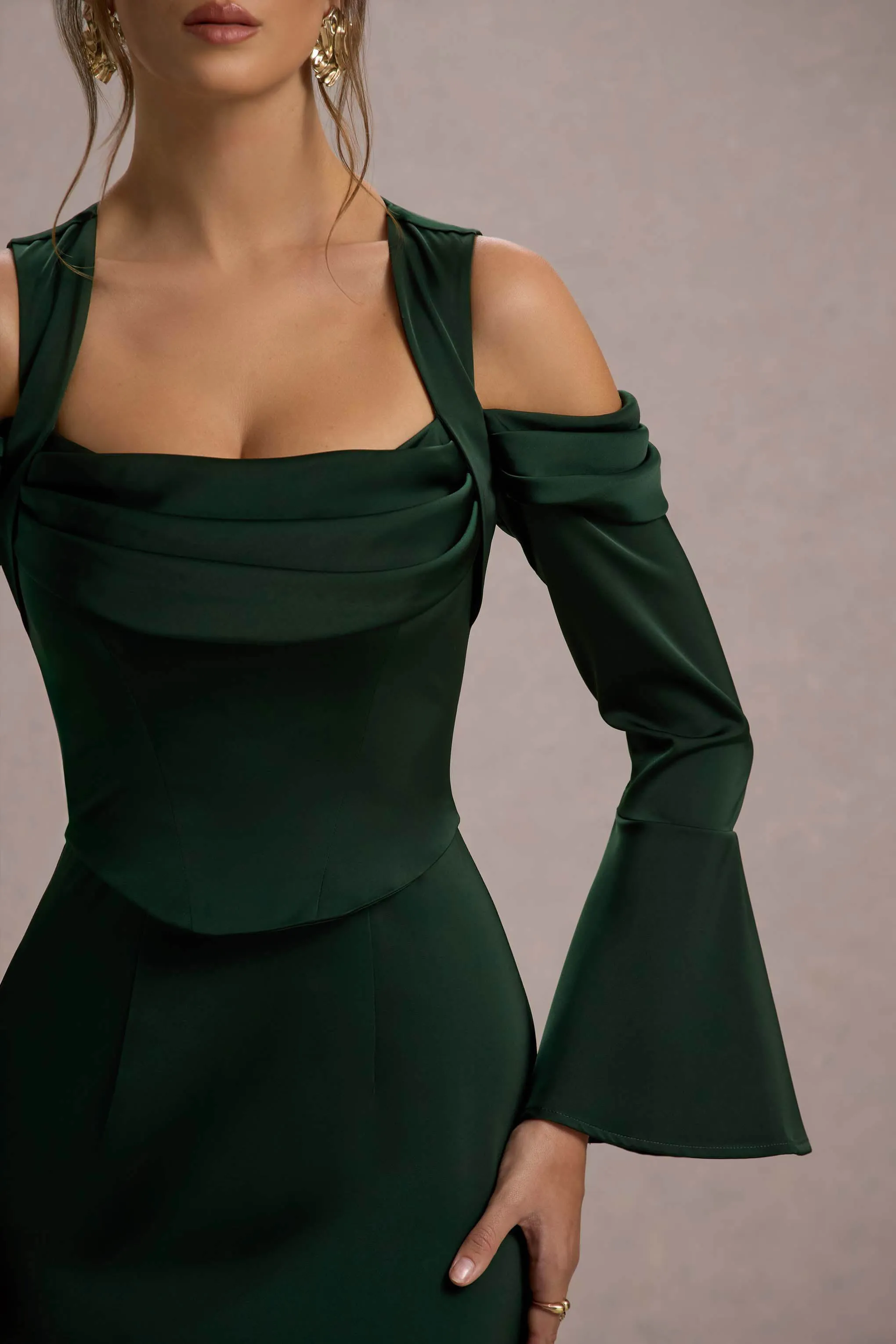 Heartthrob | Green Satin Draped Bardot Maxi Dress Club L London