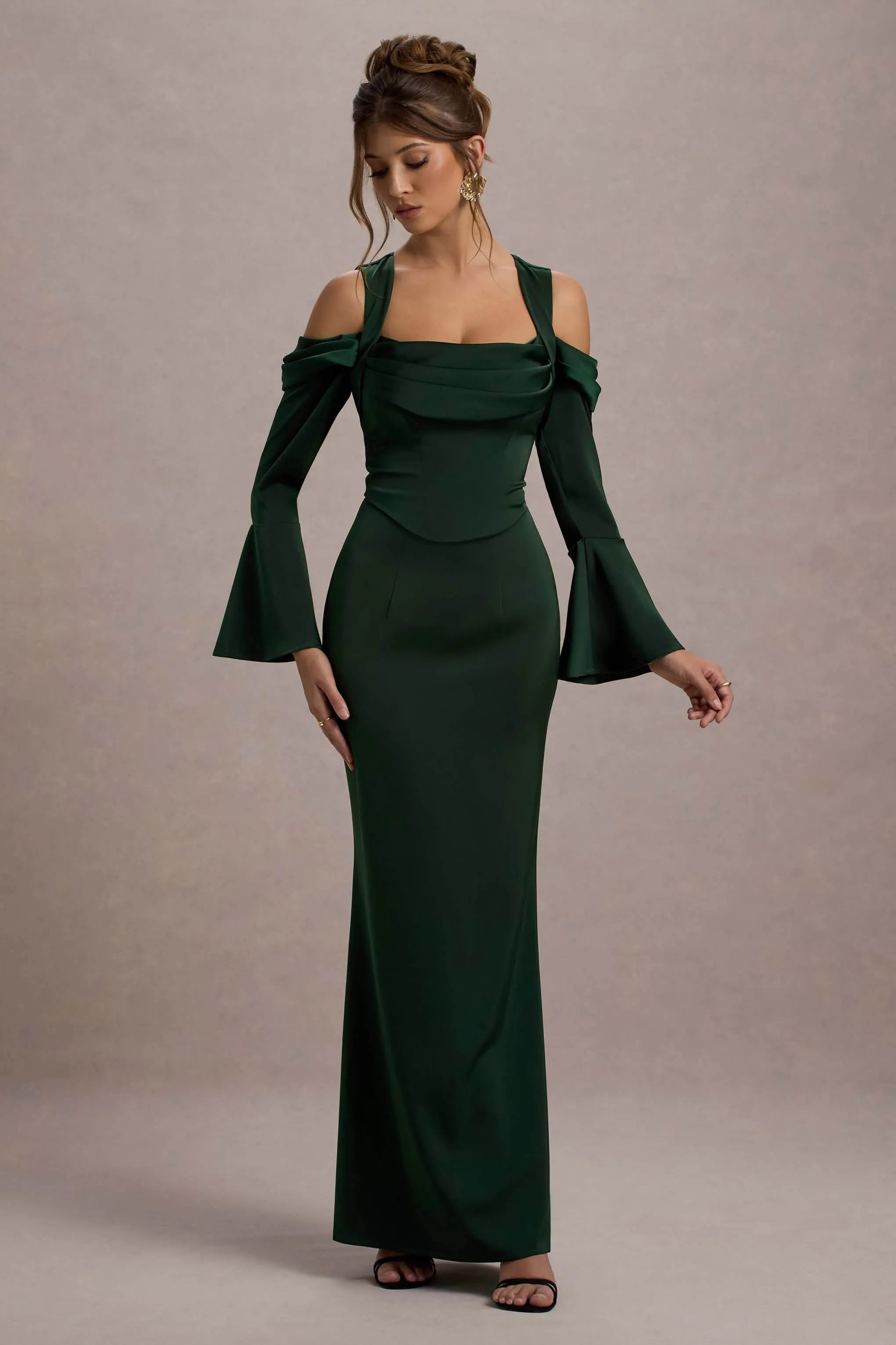 Heartthrob | Green Satin Draped Bardot Maxi Dress Club L London