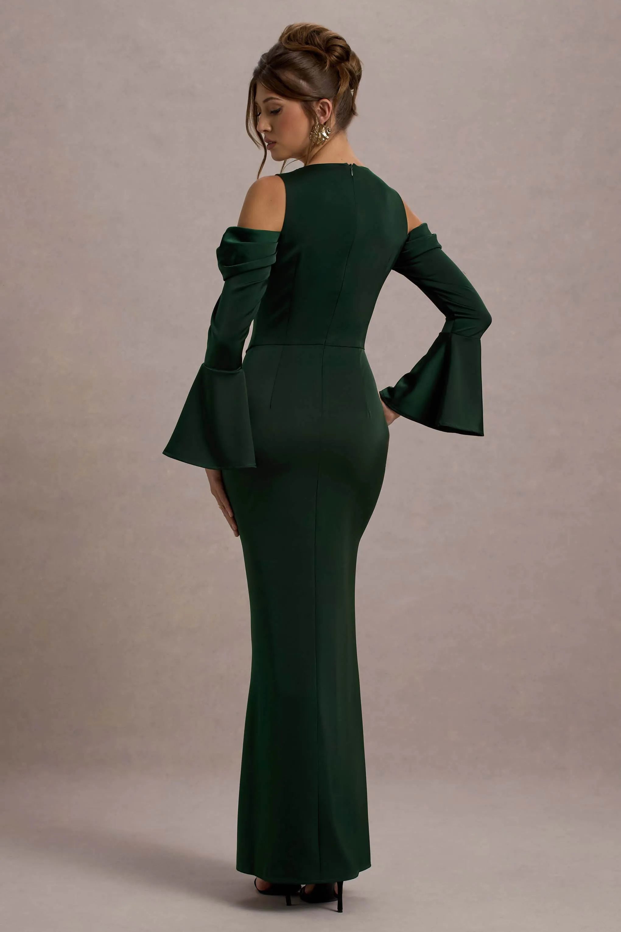 Heartthrob | Green Satin Draped Bardot Maxi Dress Club L London