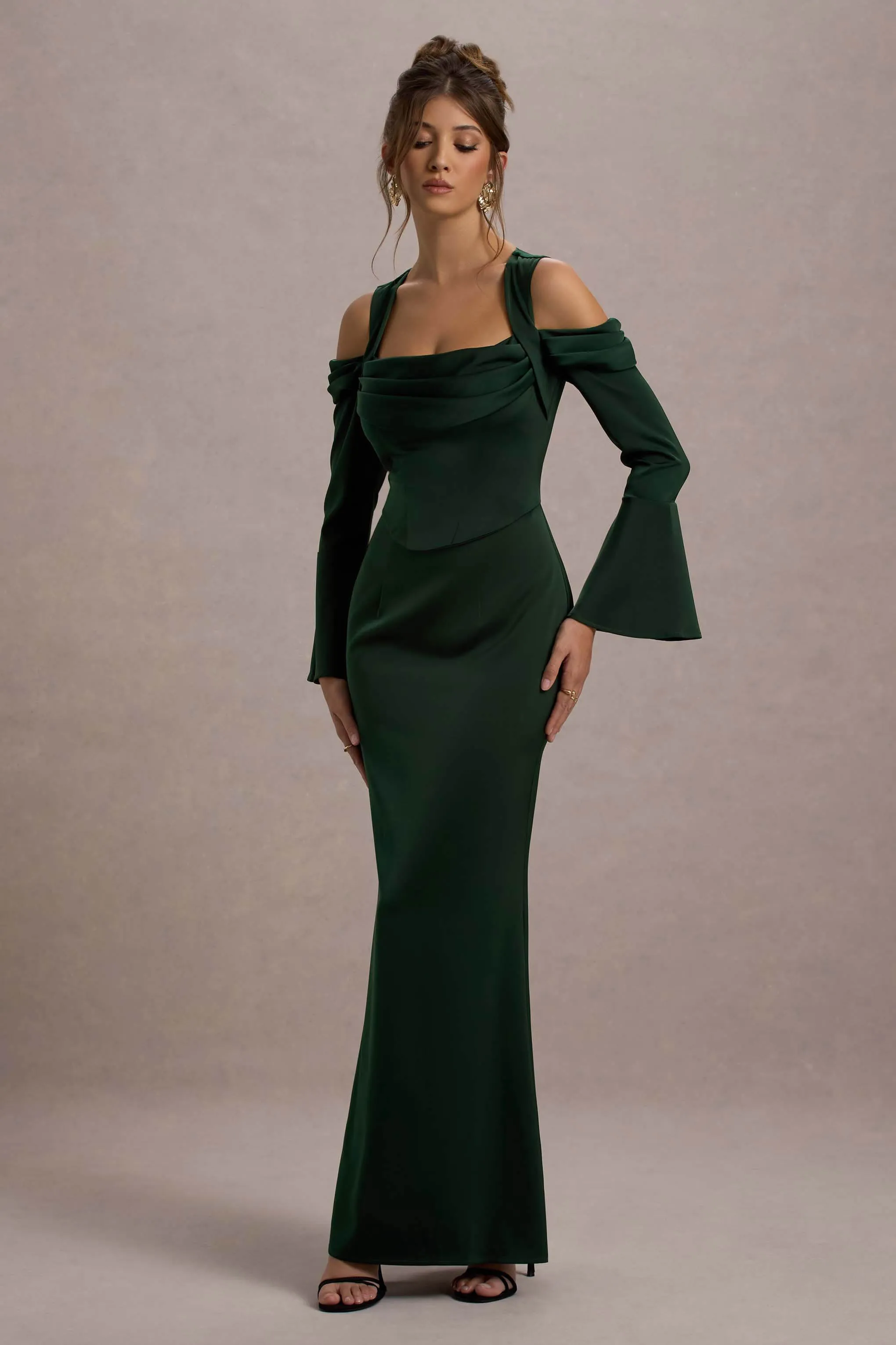 Heartthrob | Green Satin Draped Bardot Maxi Dress Club L London