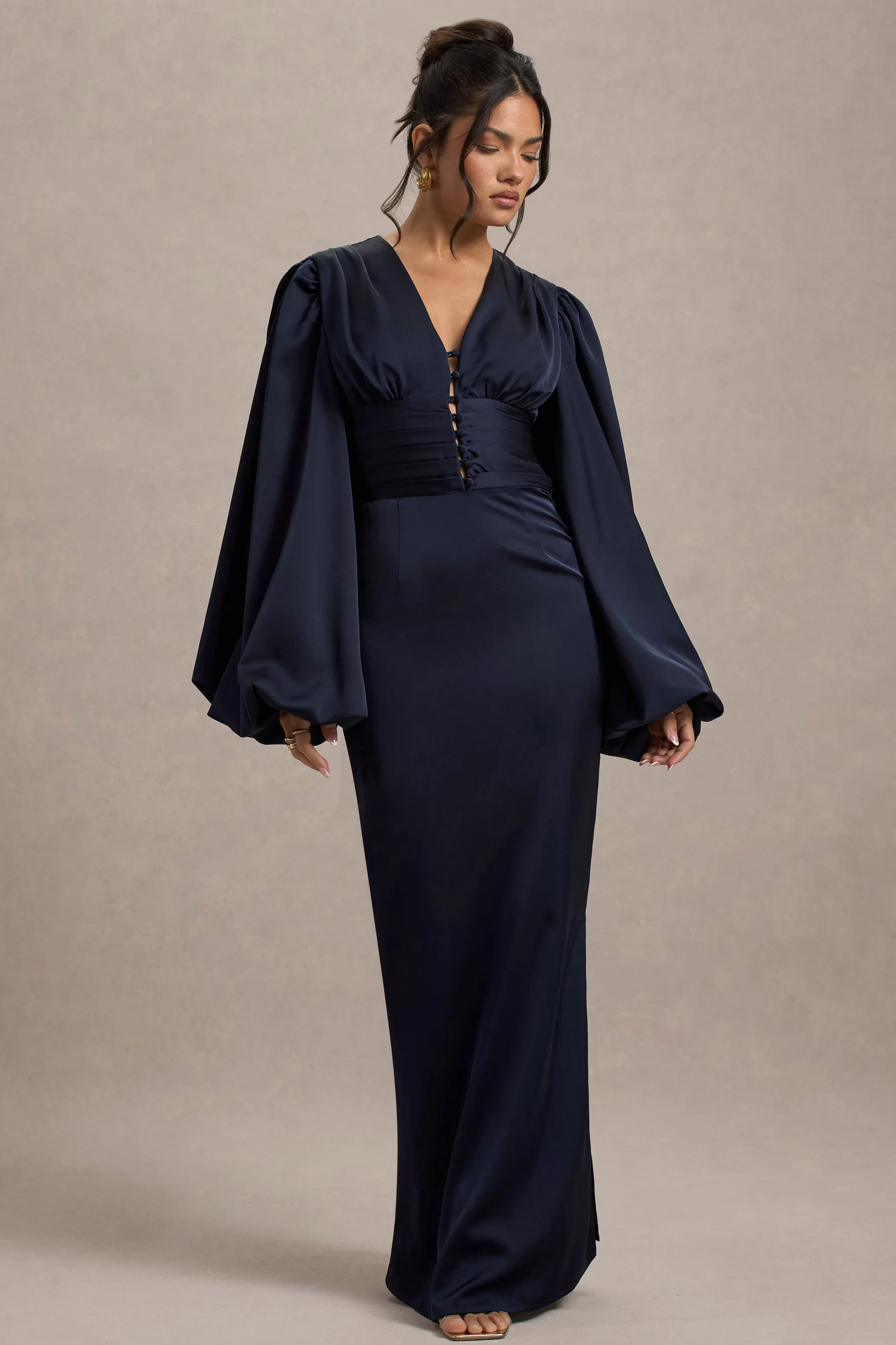 Helsinki | Navy Satin V-Neck Balloon Sleeve Maxi Dress Club L London