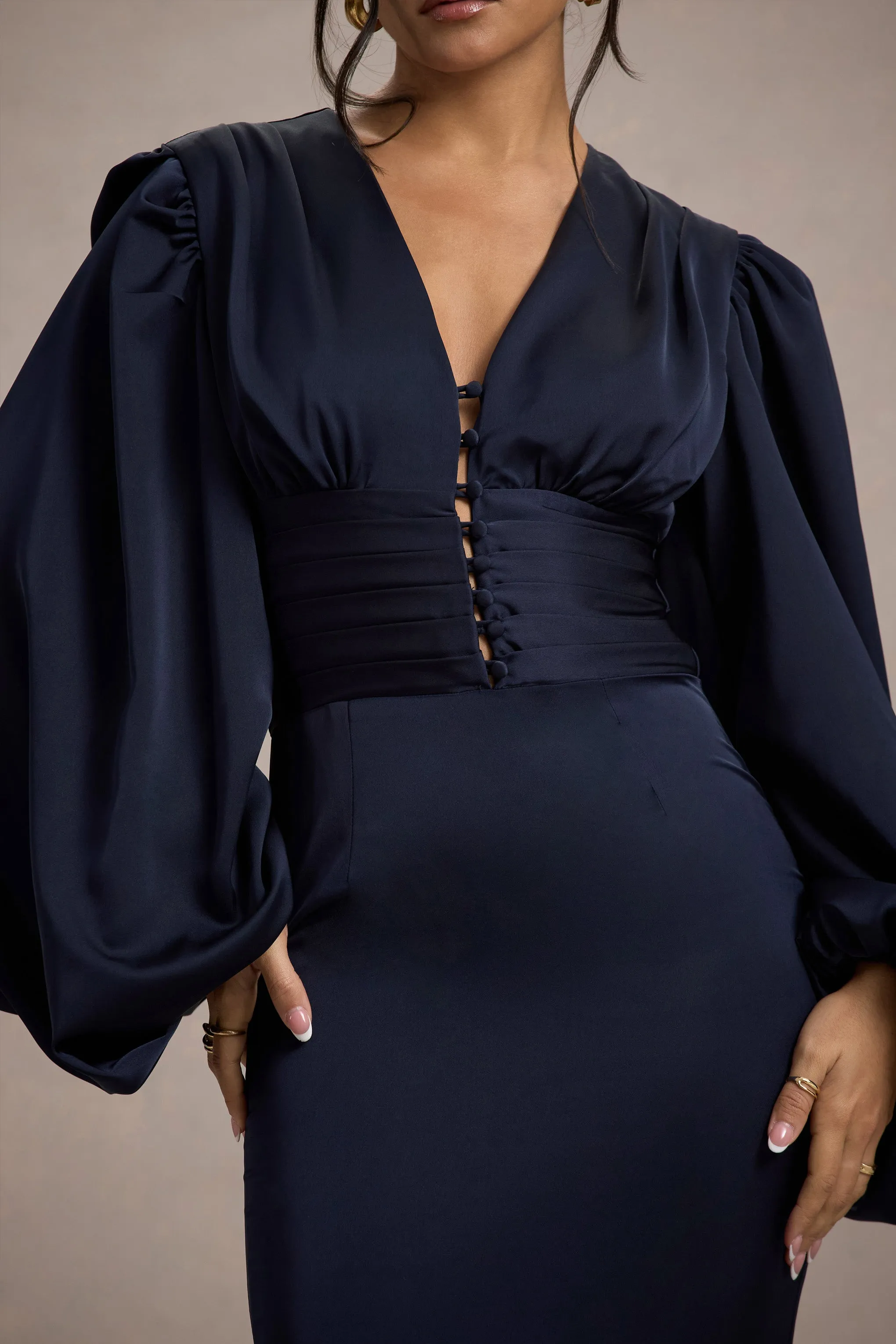 Helsinki | Navy Satin V-Neck Balloon Sleeve Maxi Dress Club L London