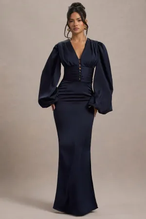Helsinki | Navy Satin V-Neck Balloon Sleeve Maxi Dress Club L London