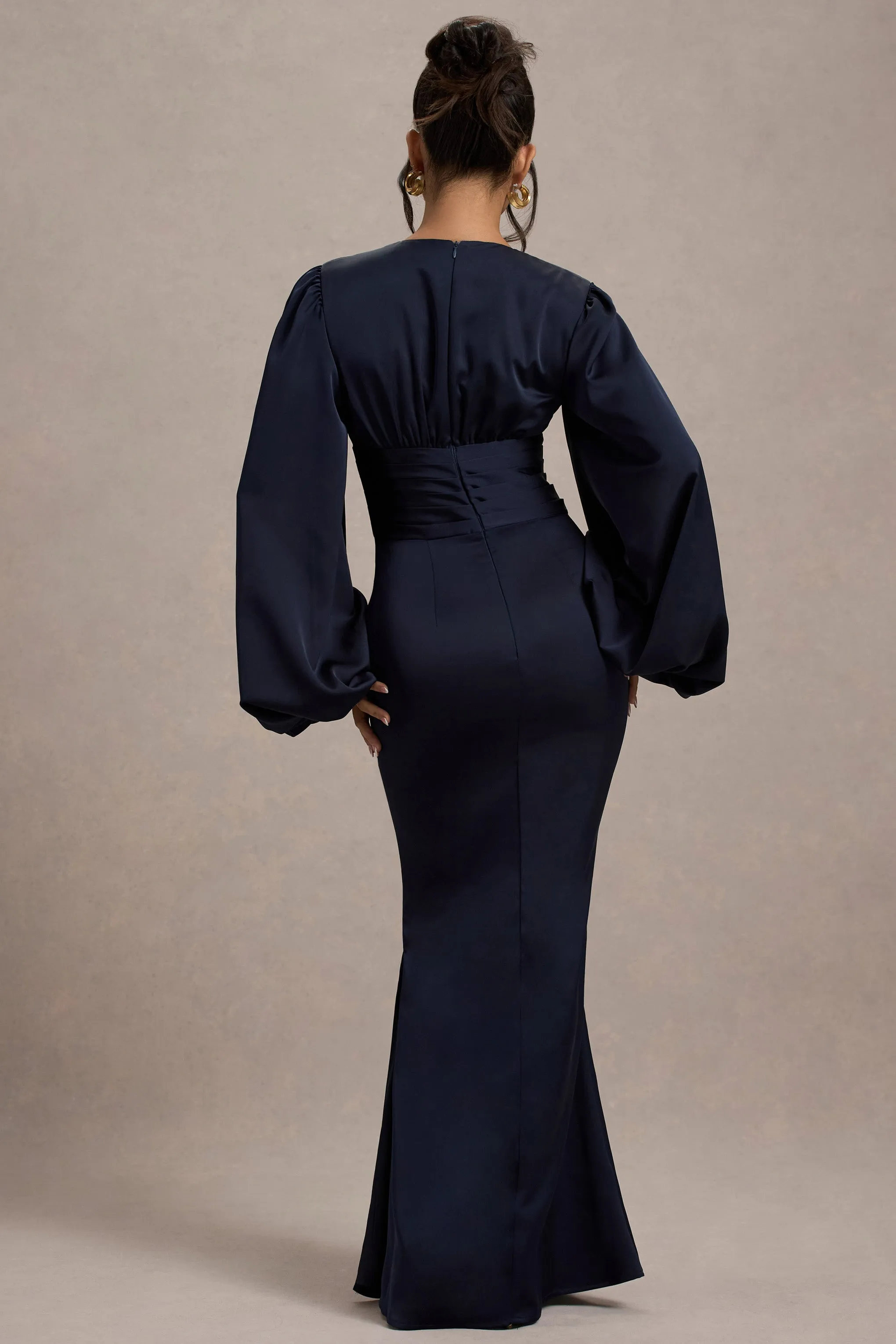 Helsinki | Navy Satin V-Neck Balloon Sleeve Maxi Dress Club L London