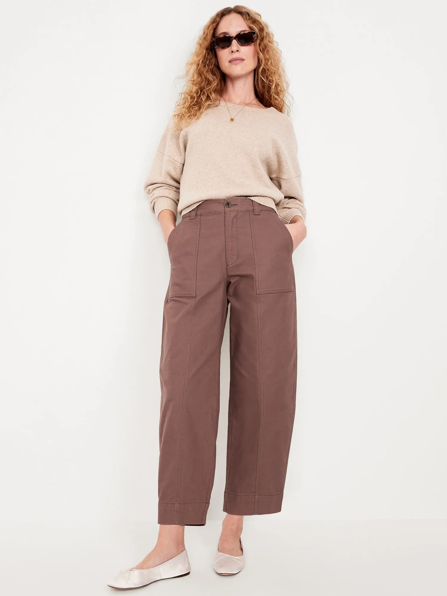 High-Waisted Canvas Barrel-Leg Pants