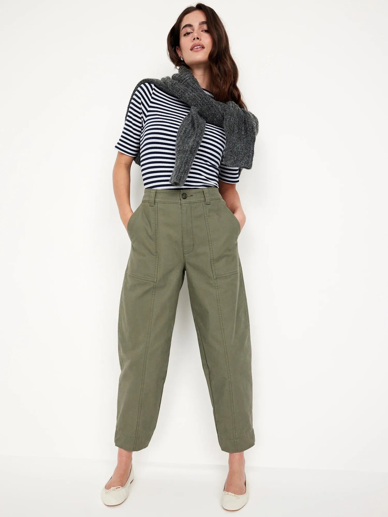 High-Waisted Canvas Barrel-Leg Pants
