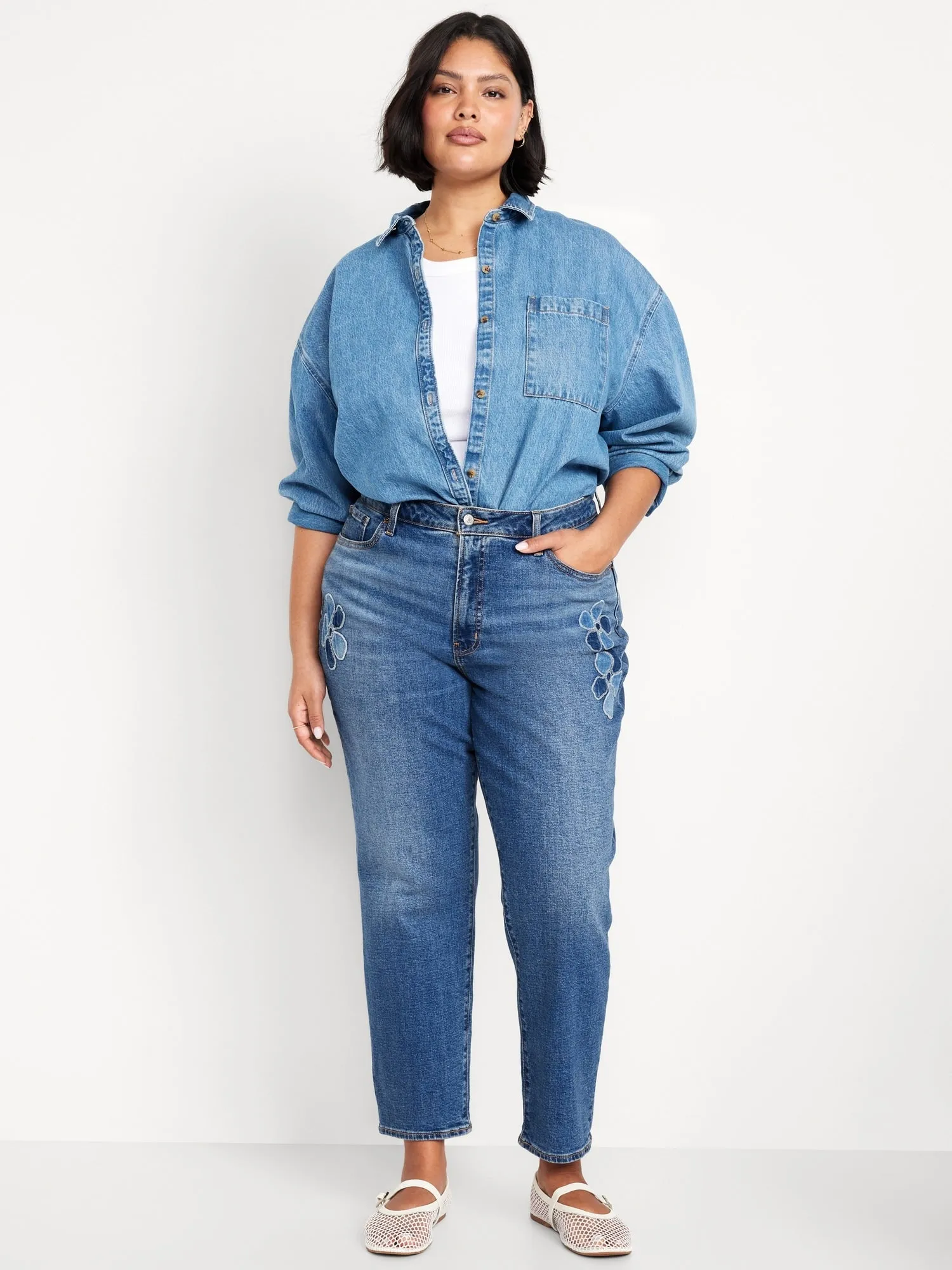 High-Waisted OG Straight Floral Applique Ankle Jeans