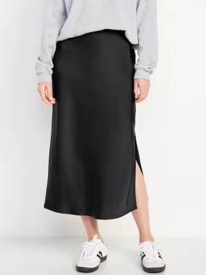 High-Waisted Satin Midi Slip Skirt