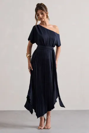 India | Navy Satin Asymmetric Plisse Maxi Dress Club L London
