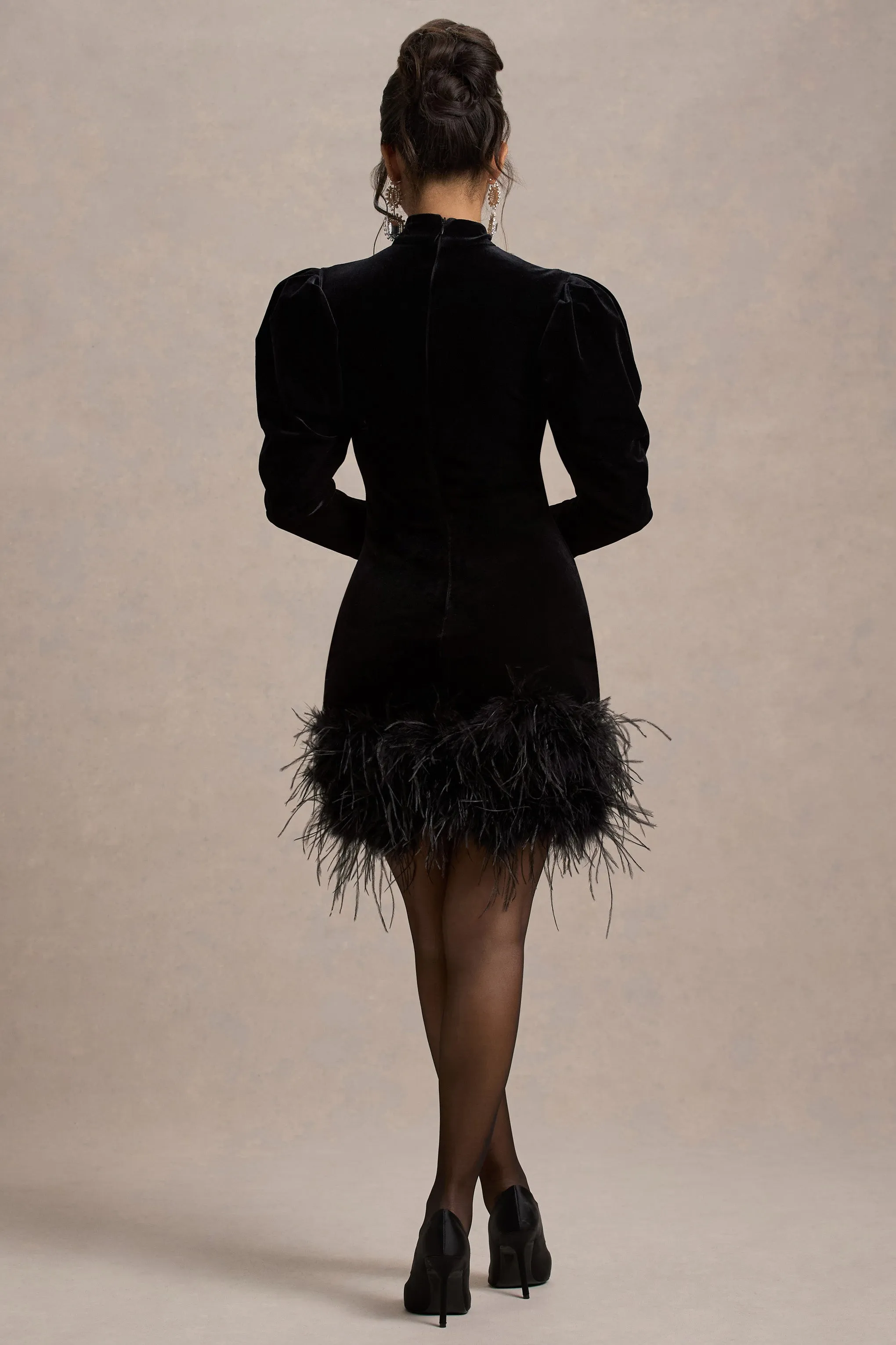 Issa | Black Velvet Long-Sleeve Mini Dress With Feather Trim Club L London