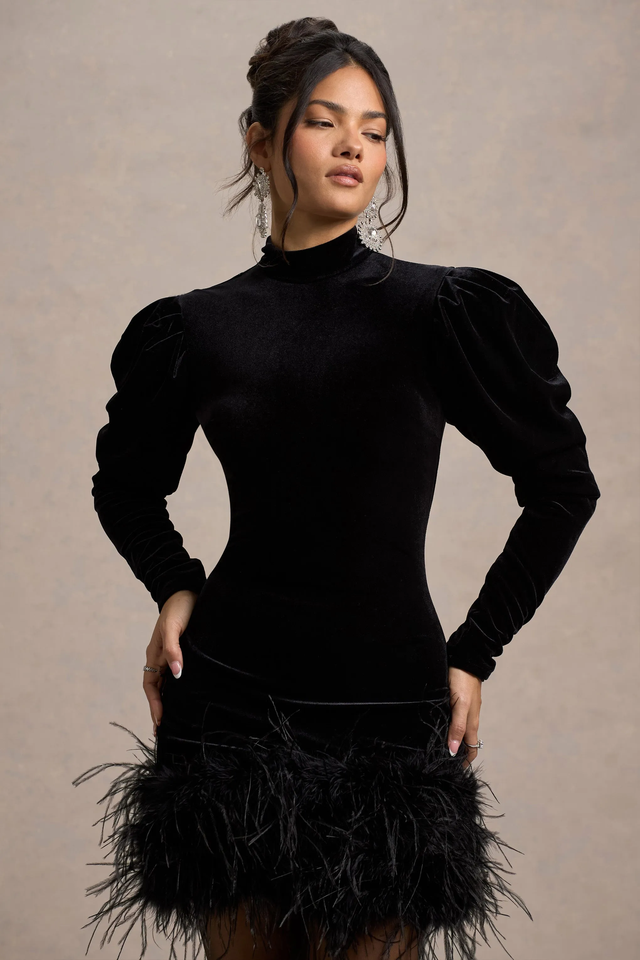 Issa | Black Velvet Long-Sleeve Mini Dress With Feather Trim Club L London