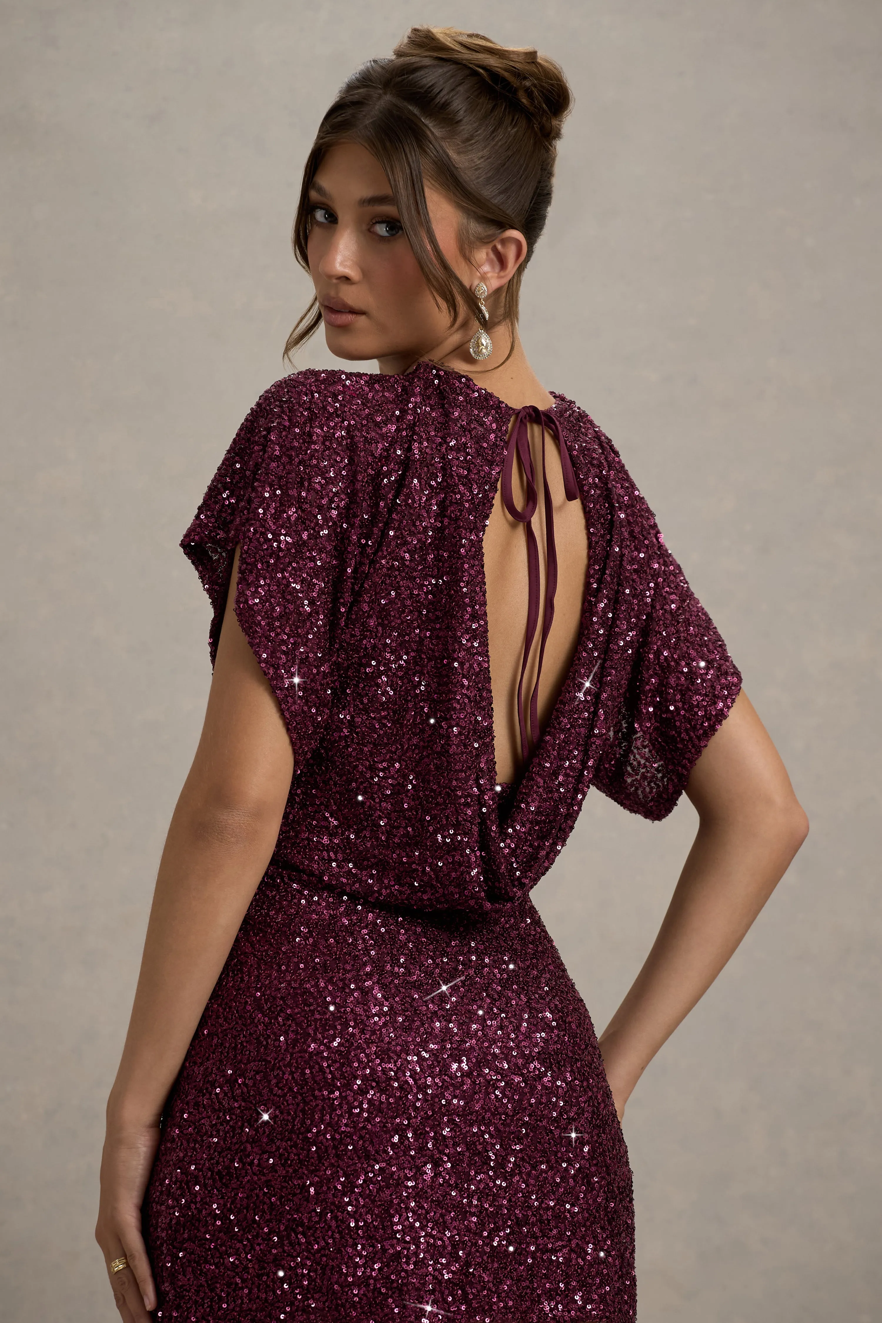 Juno | Berry Sequin Short-Sleeve Cowl-Back Mini Dress Club L London