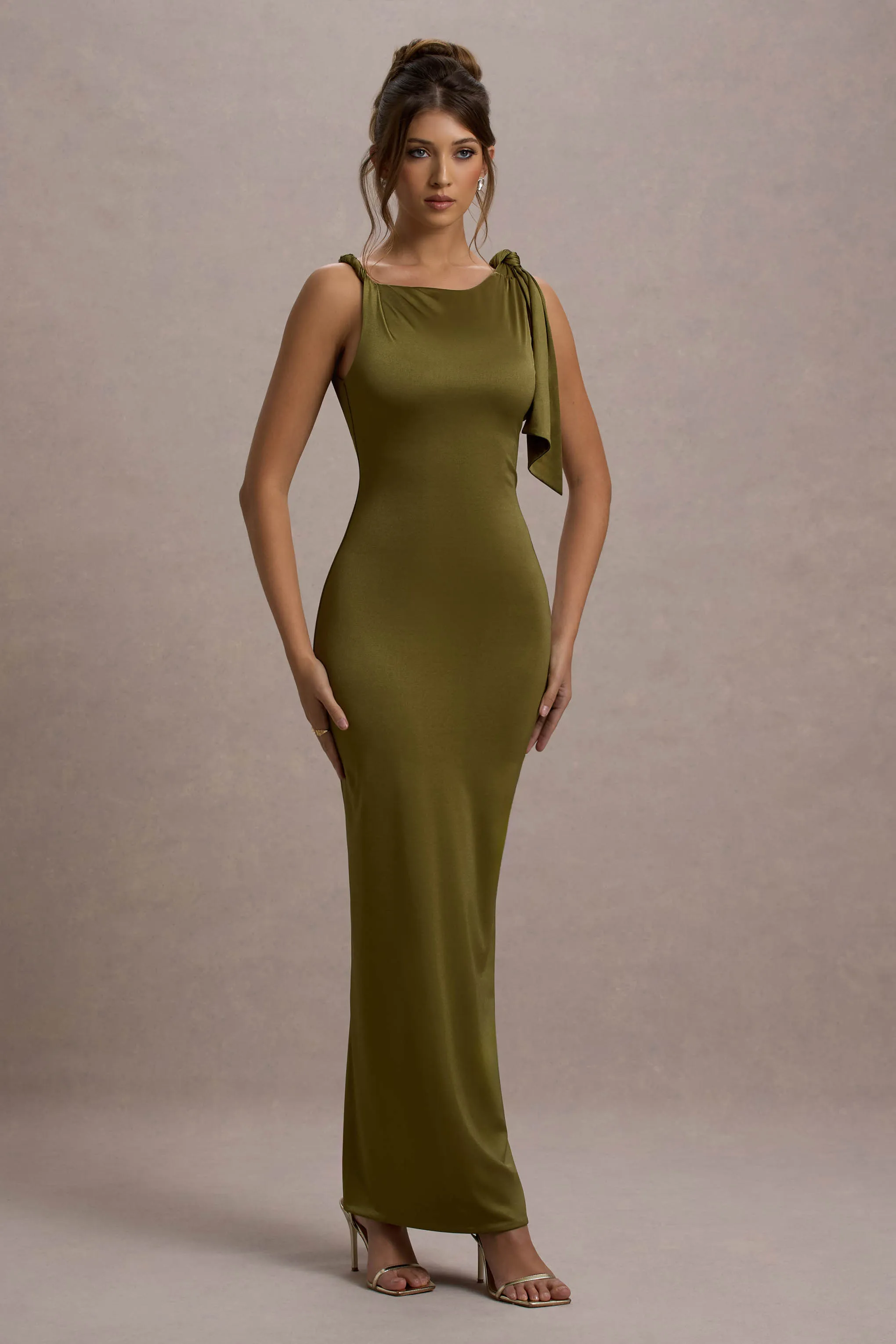 Kacey | Olive Twisted Knot Maxi Dress Club L London