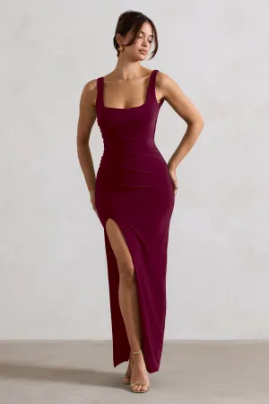 Kate | Berry Square Neck Maxi Dress with Plunge Back and Side Thigh Split Club L London