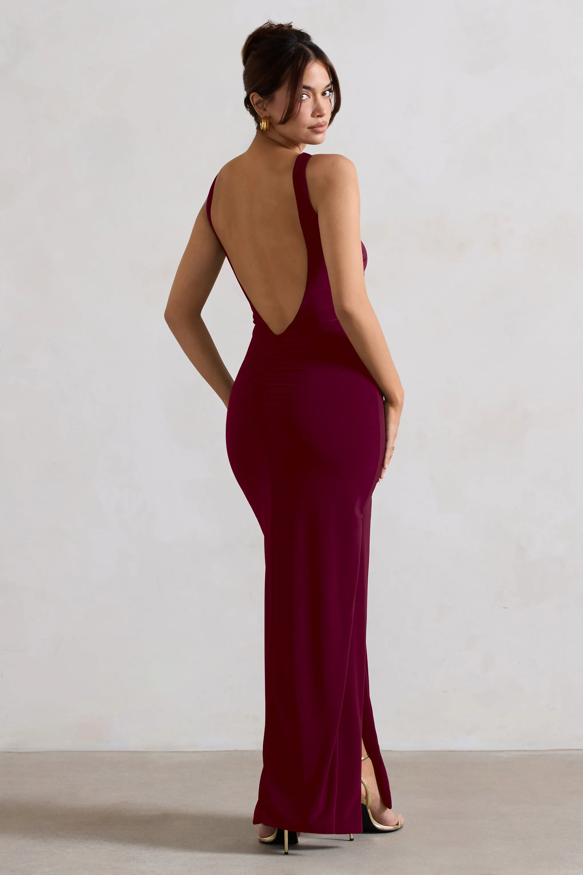 Kate | Berry Square Neck Maxi Dress with Plunge Back and Side Thigh Split Club L London