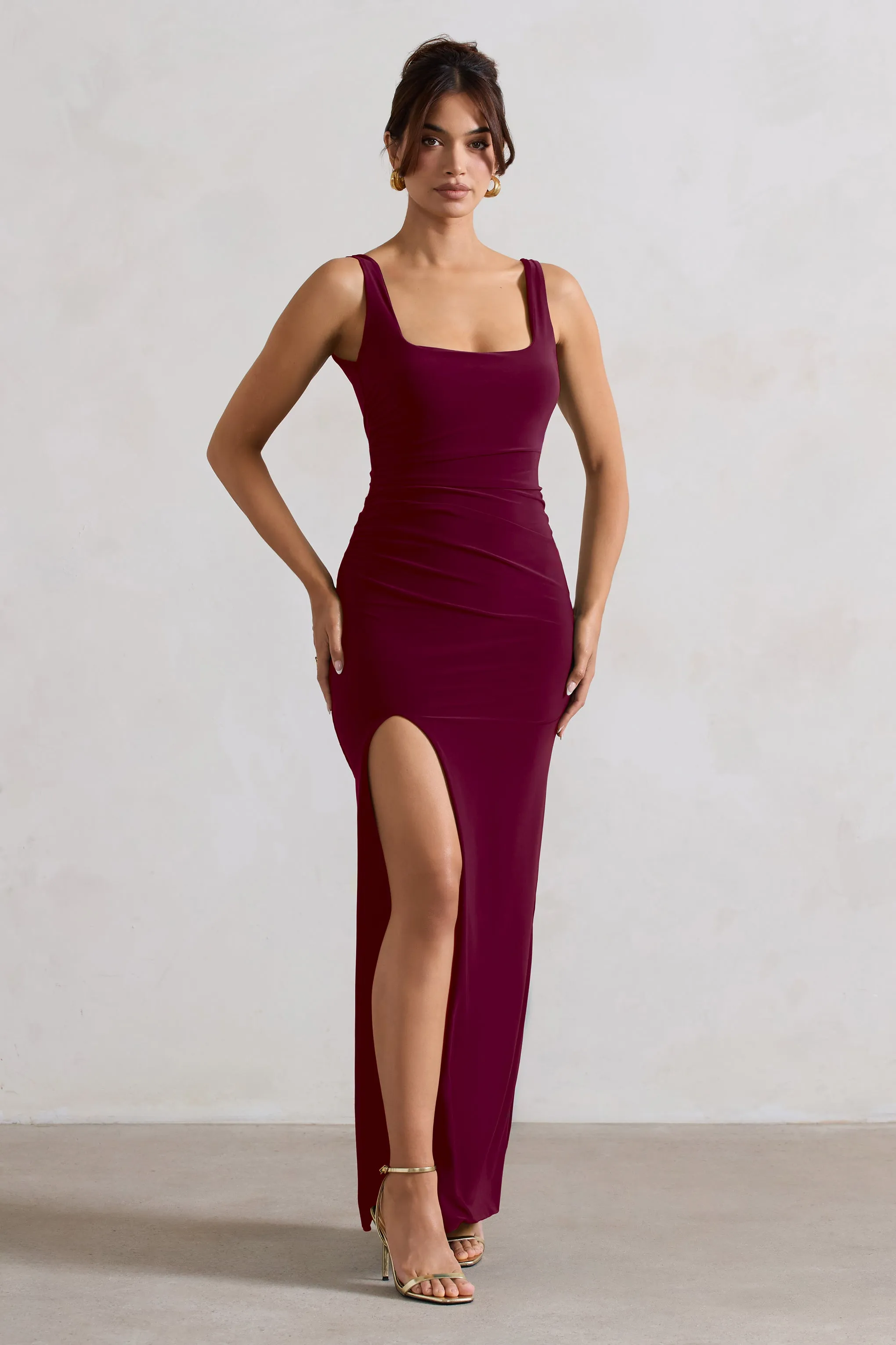 Kate | Berry Square Neck Maxi Dress with Plunge Back and Side Thigh Split Club L London