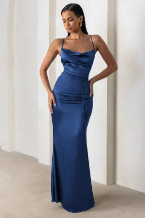 Lifetime | Navy Satin Cowl Neck Maxi Dress With Cross Back Detail Club L London