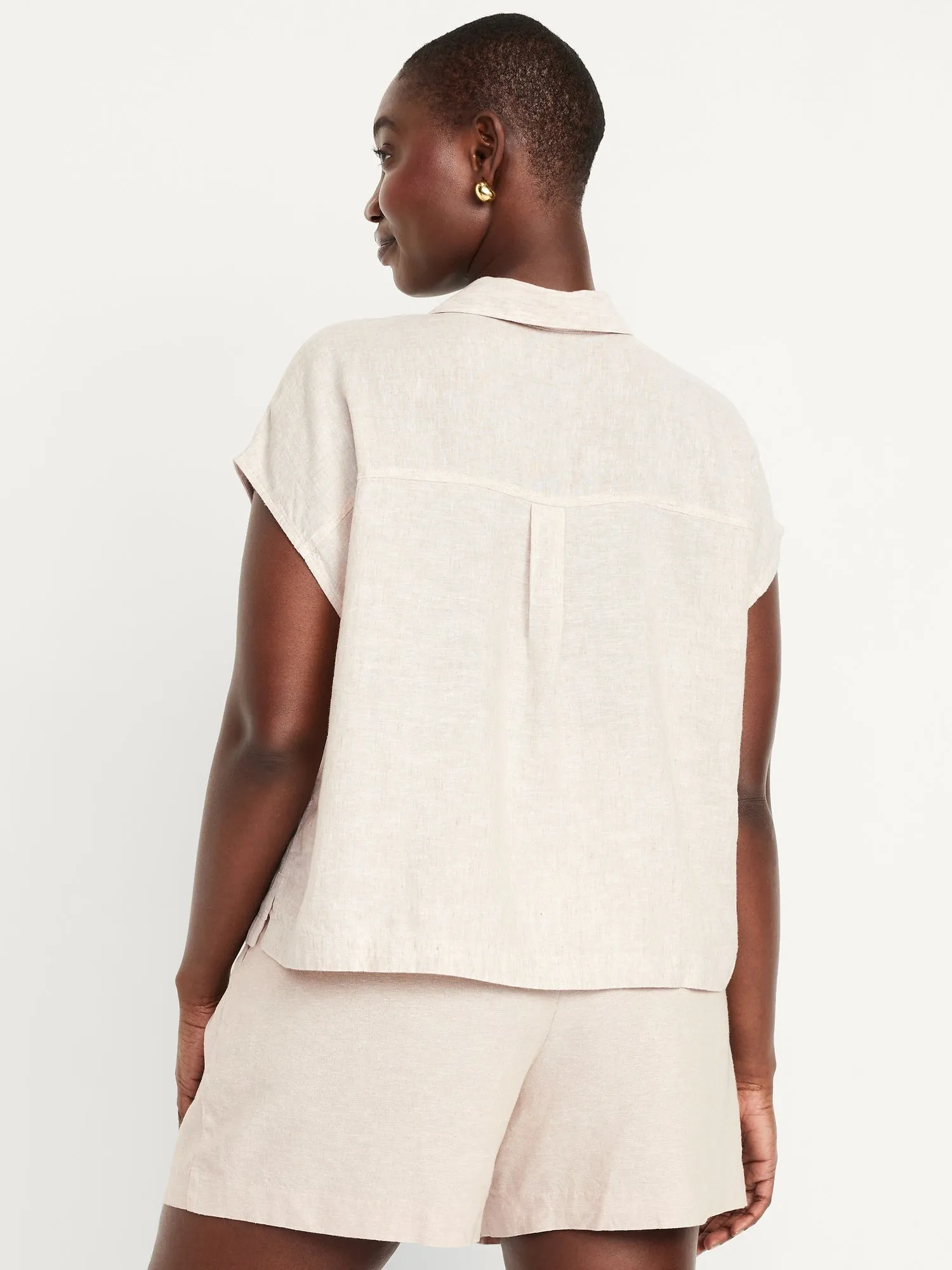 Linen-Blend Cropped Popover Shirt