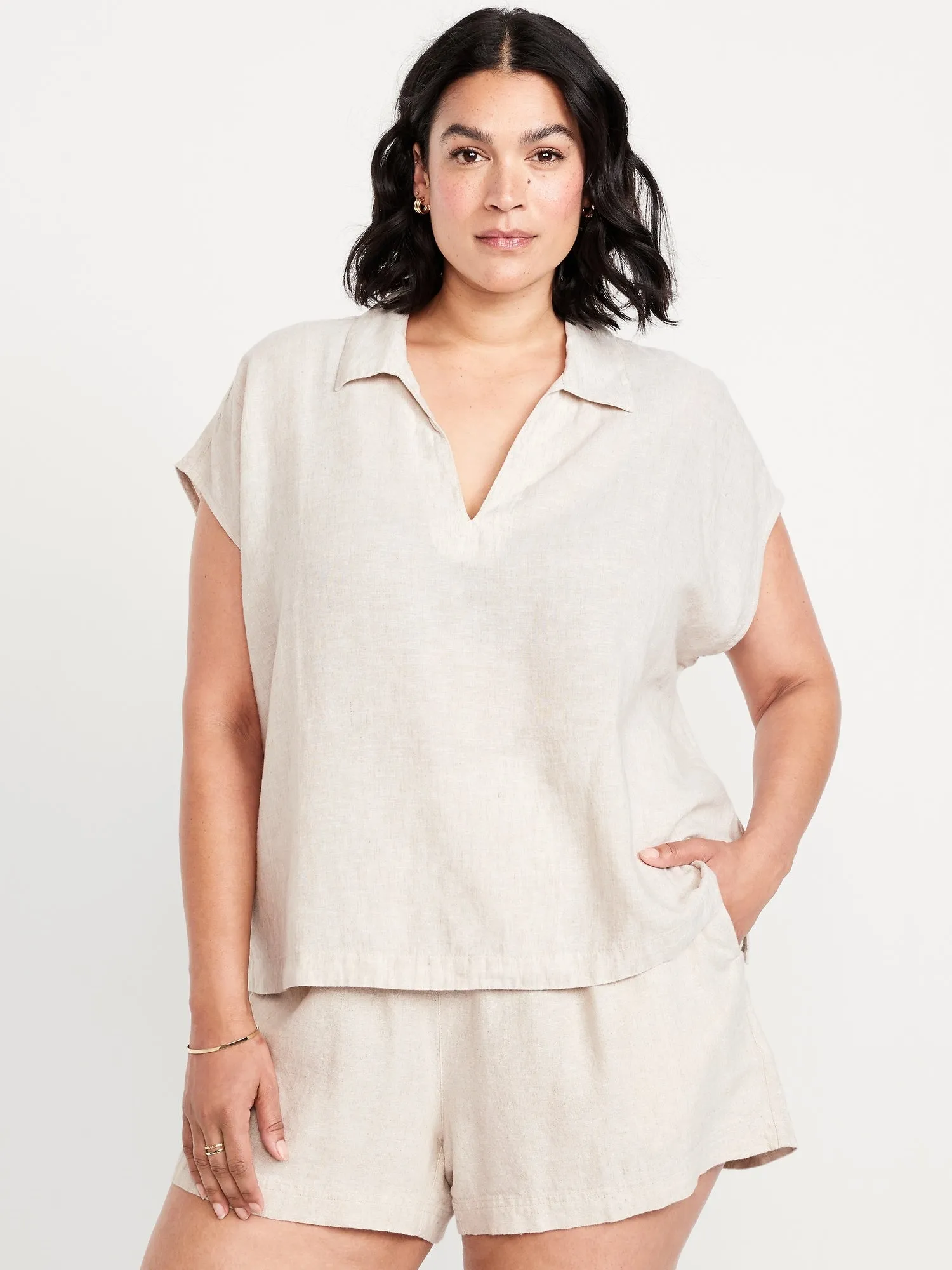Linen-Blend Cropped Popover Shirt