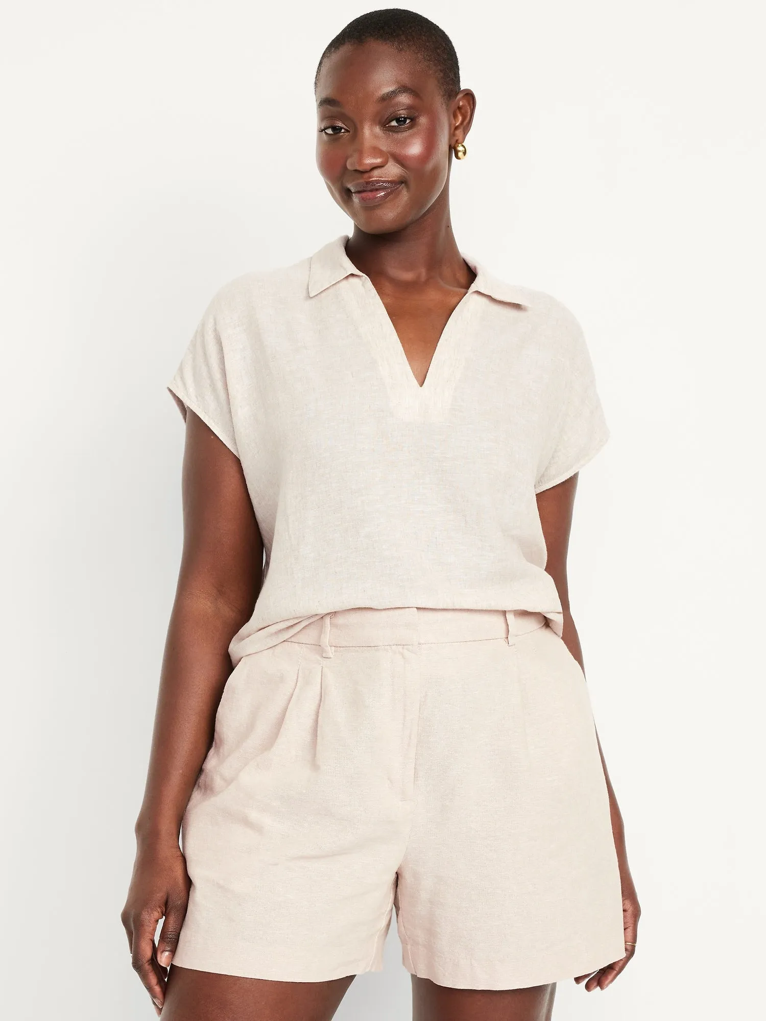 Linen-Blend Cropped Popover Shirt