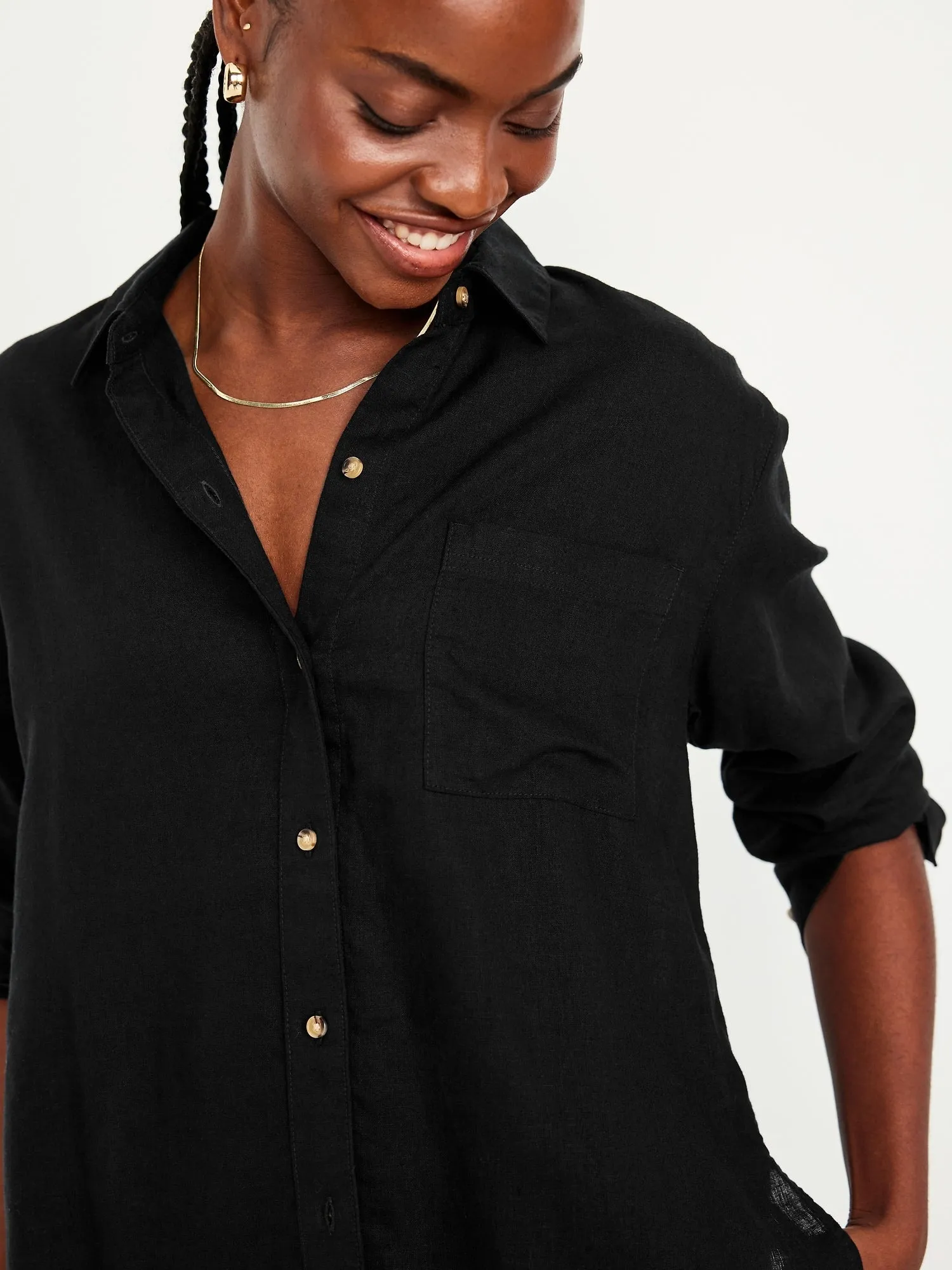 Linen-Blend Loose Button-Down Shirt