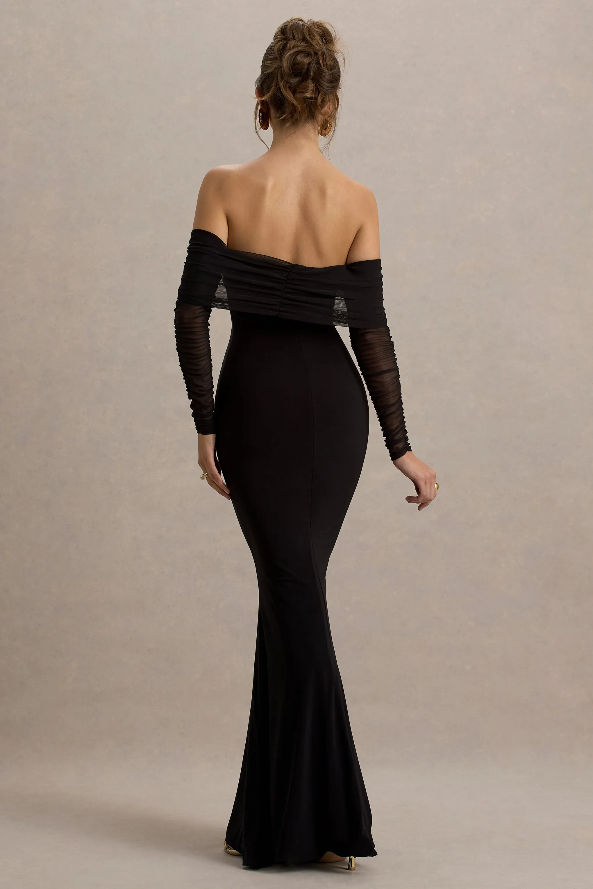 Madeleine | Black Fishtail Maxi Dress With Bardot Mesh Long Sleeves Club L London