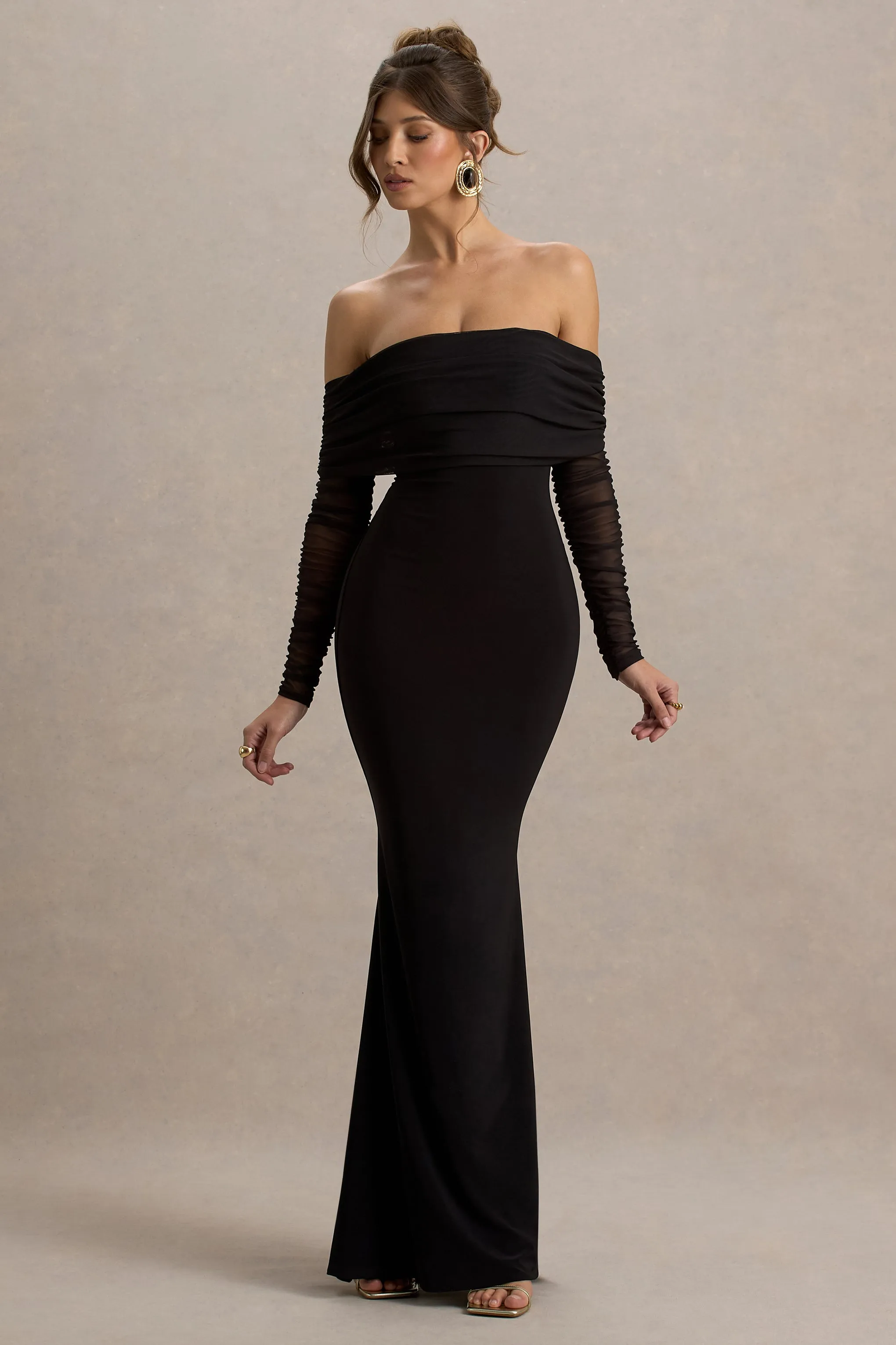 Madeleine | Black Fishtail Maxi Dress With Bardot Mesh Long Sleeves Club L London