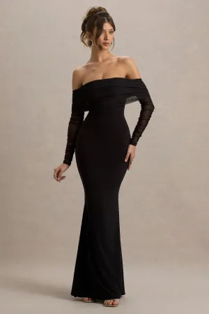 Madeleine | Black Fishtail Maxi Dress With Bardot Mesh Long Sleeves Club L London