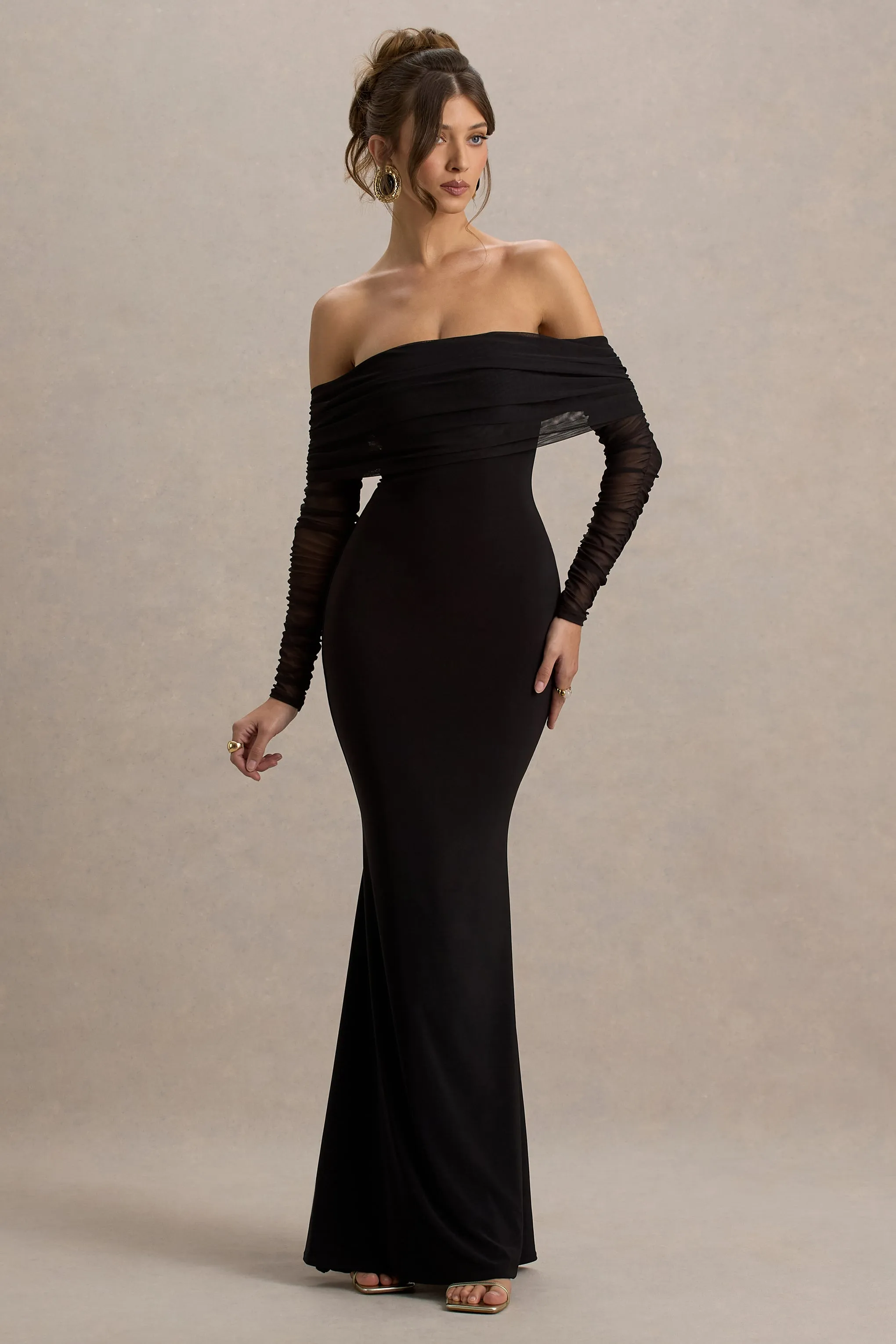 Madeleine | Black Fishtail Maxi Dress With Bardot Mesh Long Sleeves Club L London