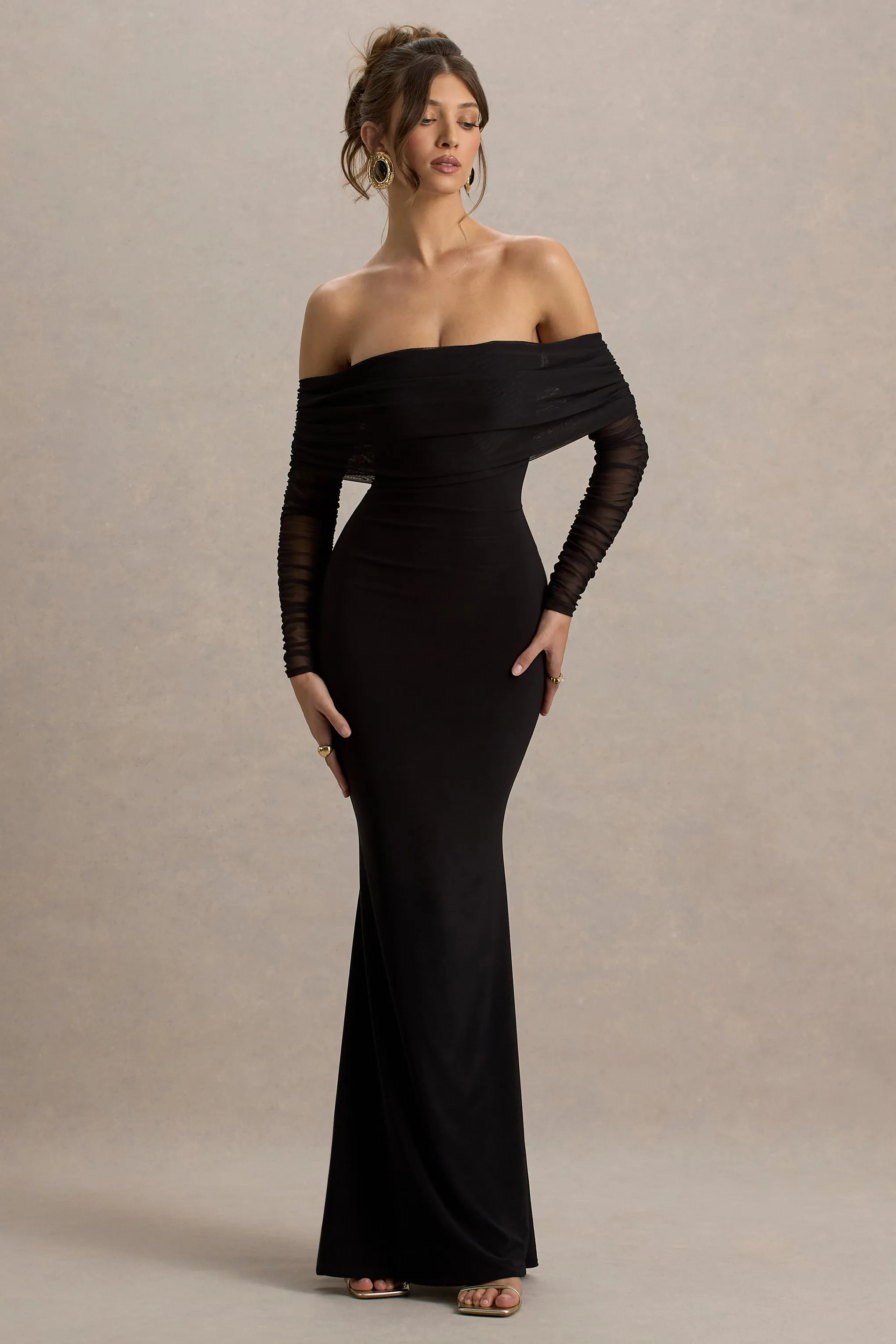 Madeleine | Black Fishtail Maxi Dress With Bardot Mesh Long Sleeves Club L London