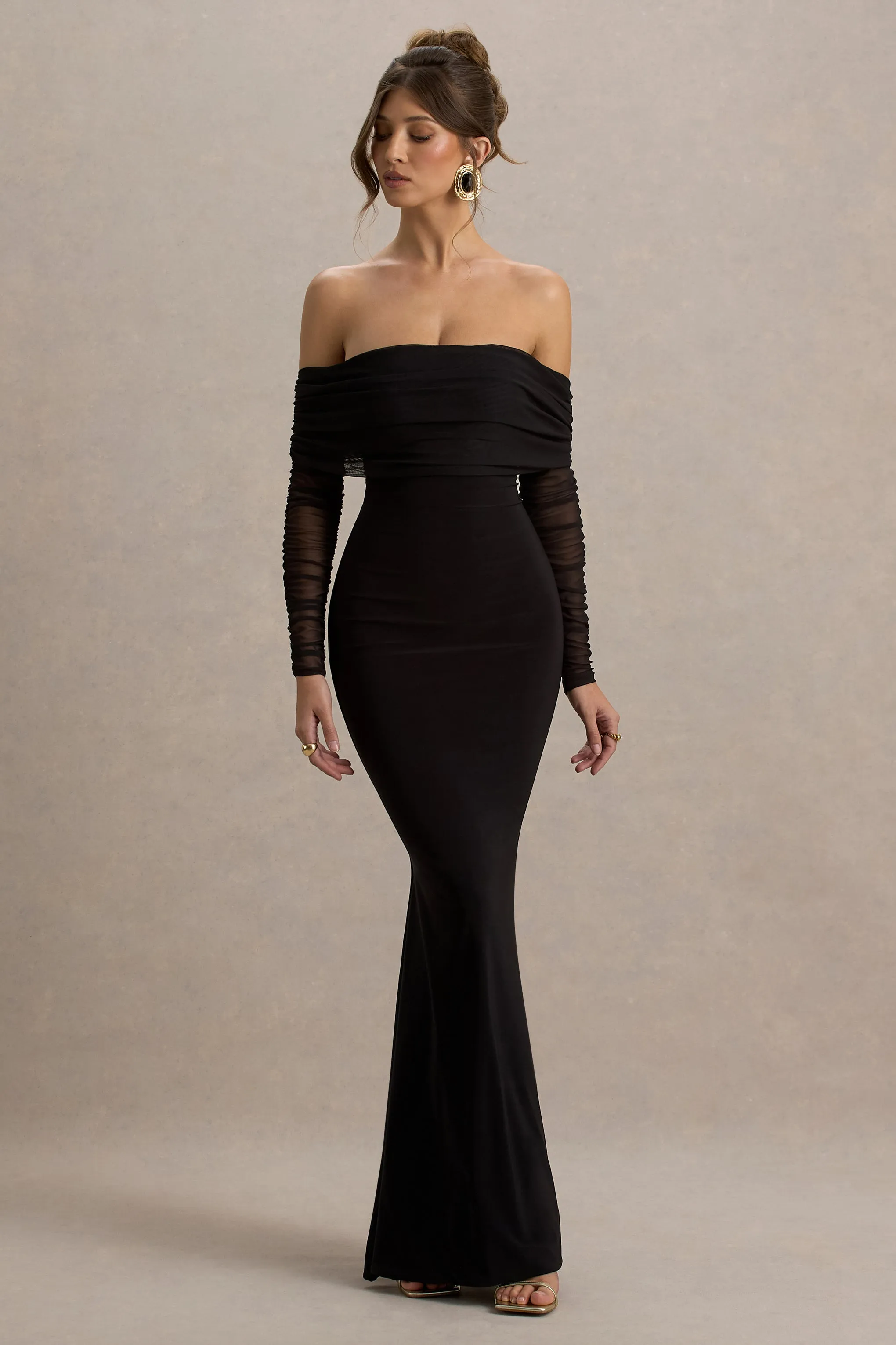 Madeleine | Black Fishtail Maxi Dress With Bardot Mesh Long Sleeves Club L London