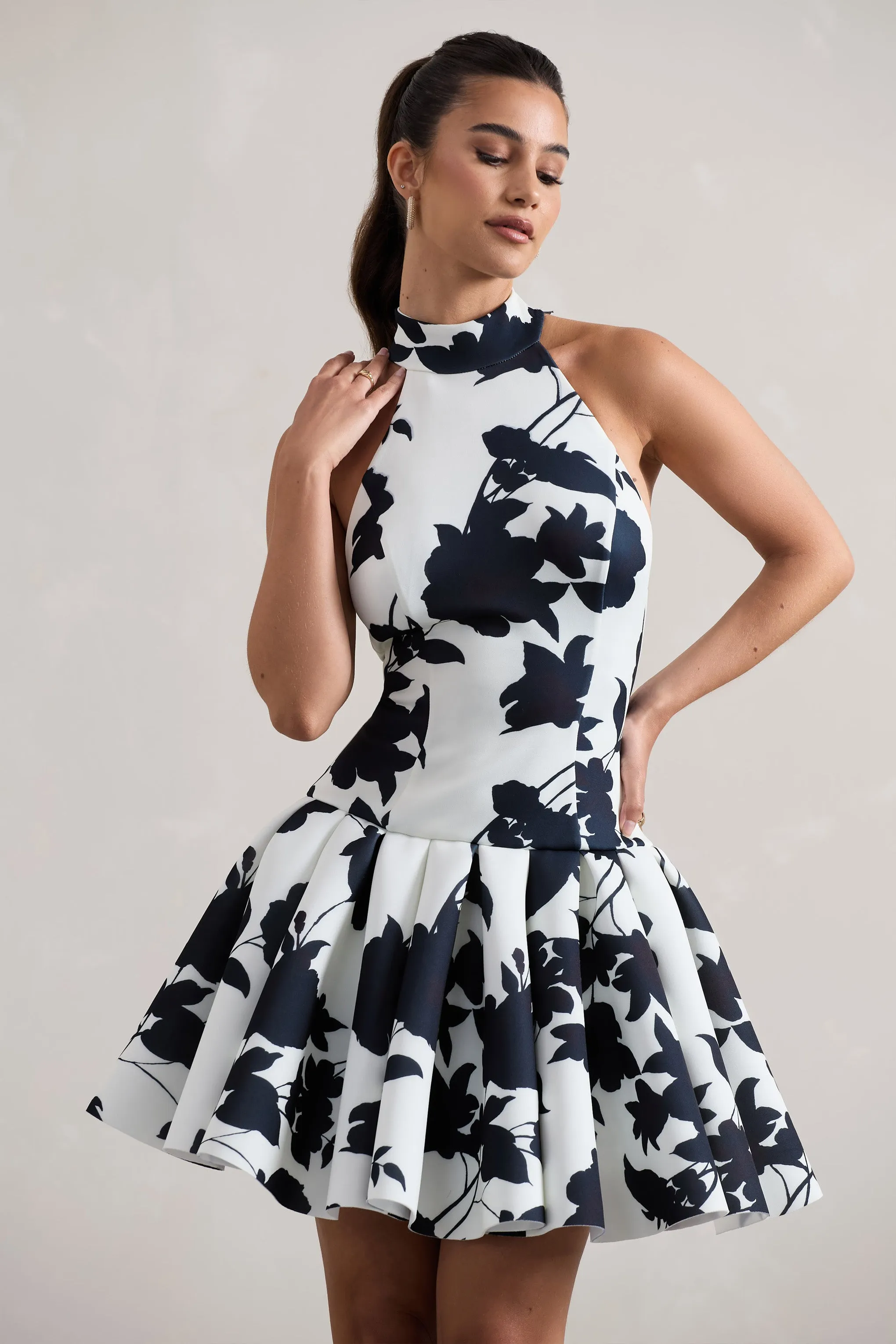 Masterpiece | Cream Floral Print High-Neck Mini Dress With Volume Hem Club L London