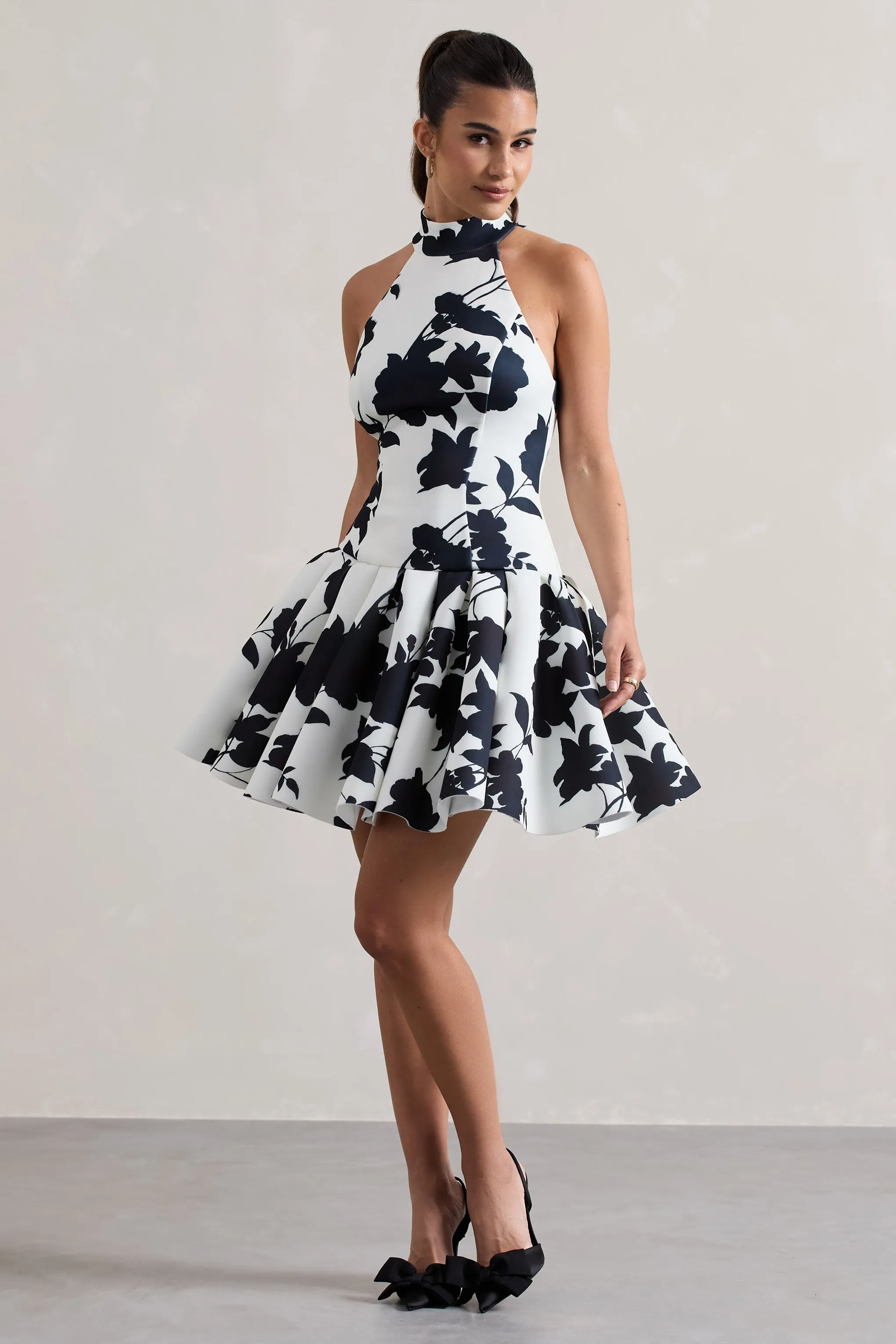 Masterpiece | Cream Floral Print High-Neck Mini Dress With Volume Hem Club L London