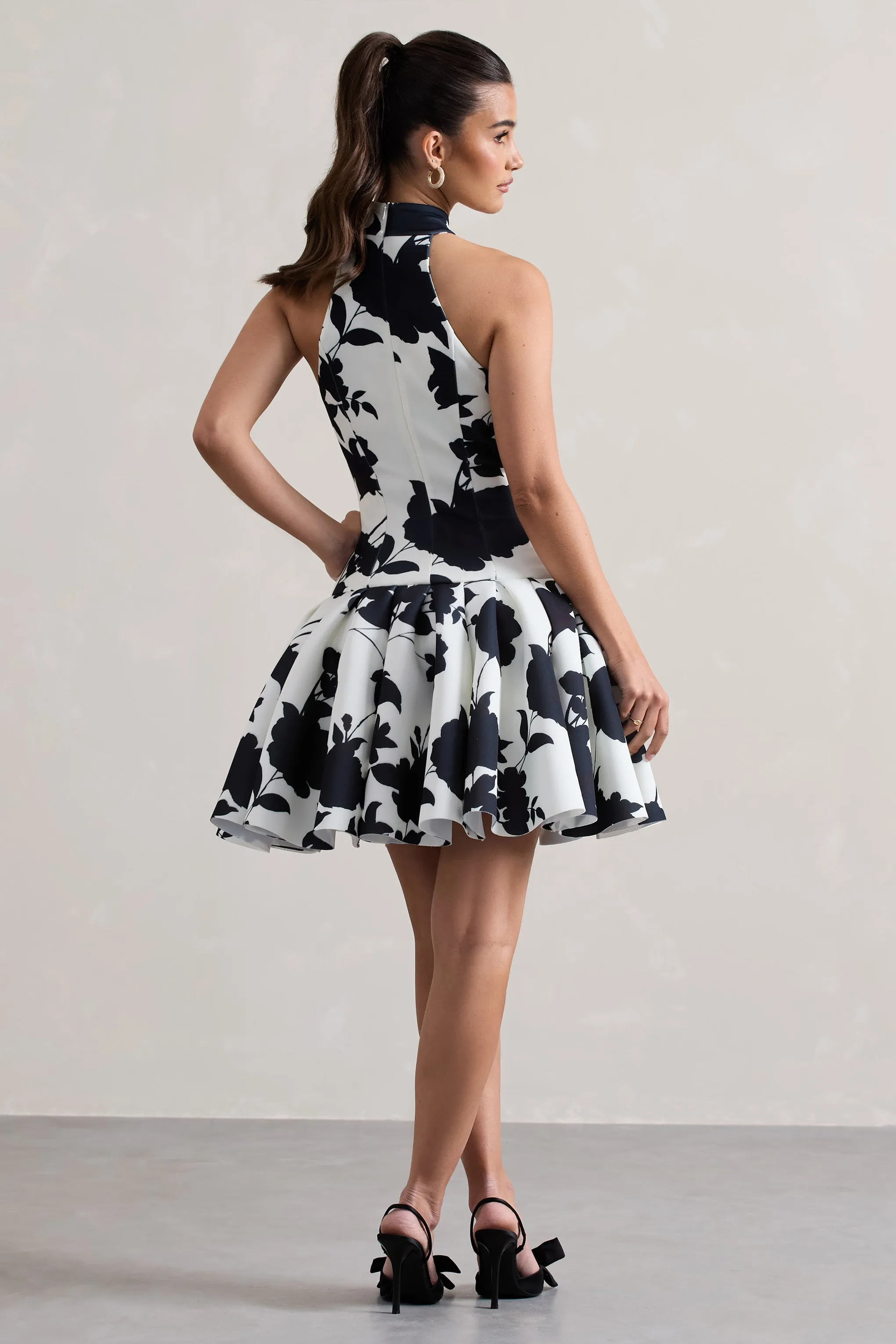 Masterpiece | Cream Floral Print High-Neck Mini Dress With Volume Hem Club L London