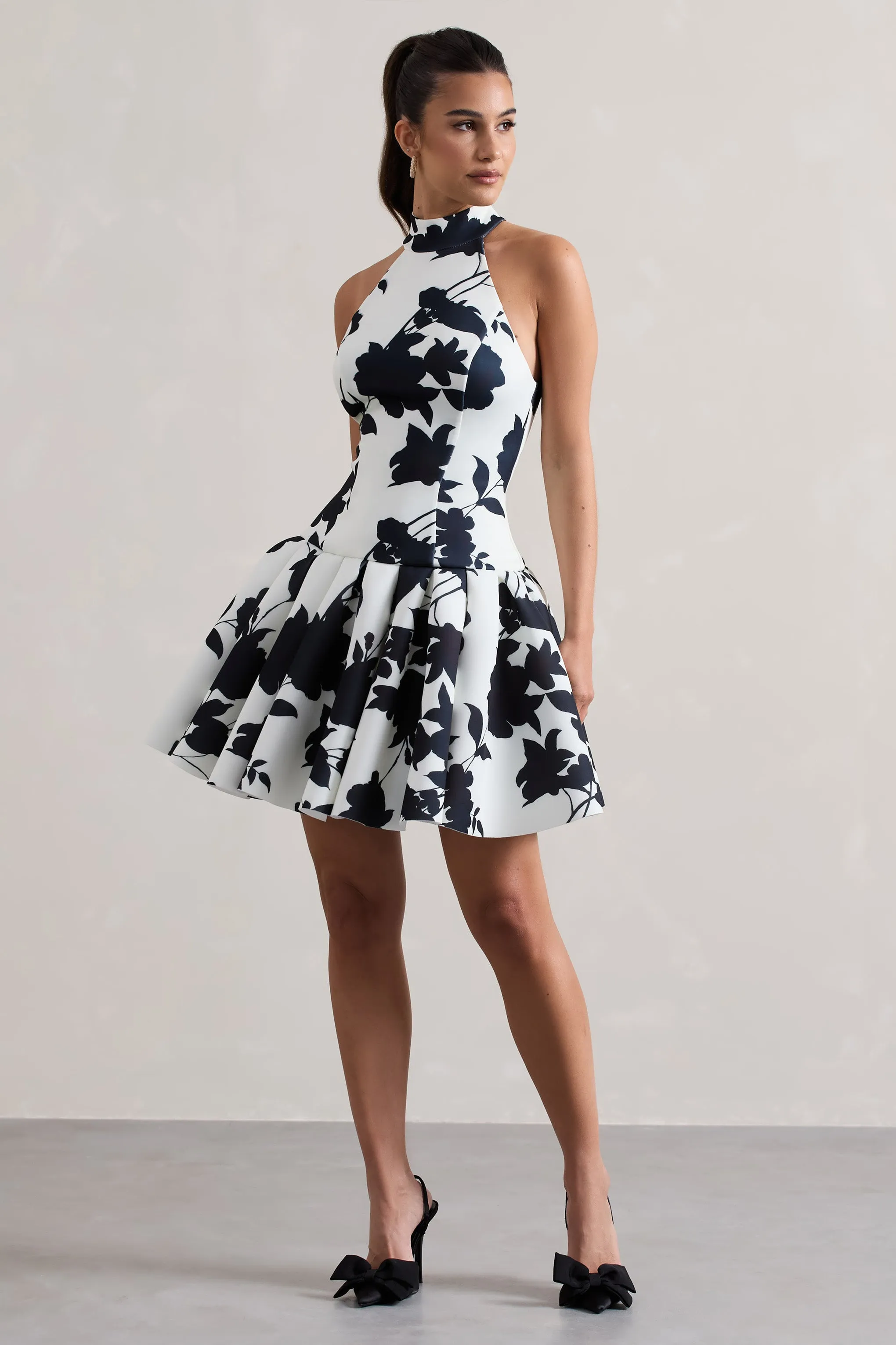 Masterpiece | Cream Floral Print High-Neck Mini Dress With Volume Hem Club L London