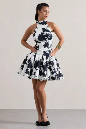 Masterpiece | Cream Floral Print High-Neck Mini Dress With Volume Hem Club L London