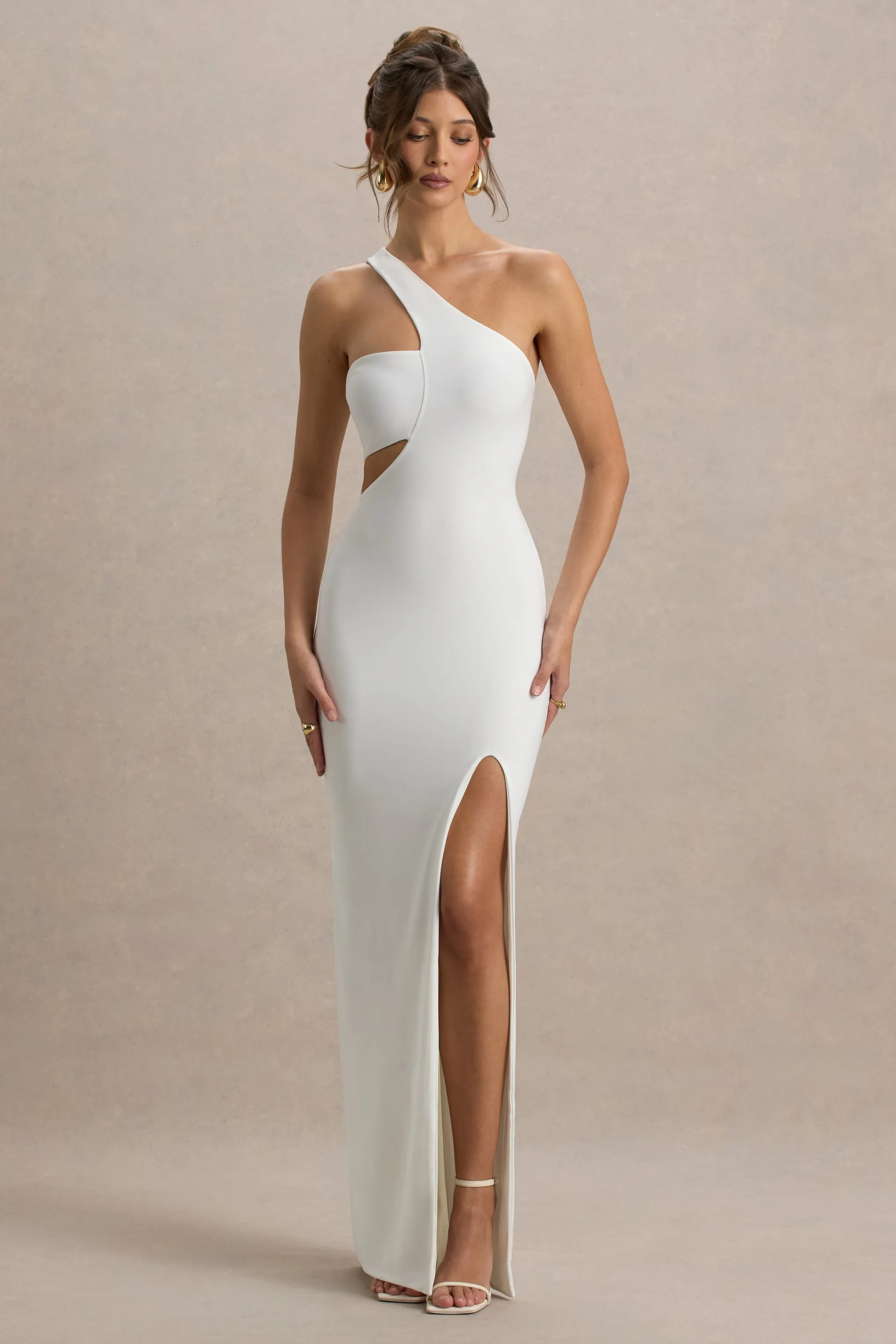 Matiya | White Asymmetric Cut-Out Split Maxi Dress Club L London