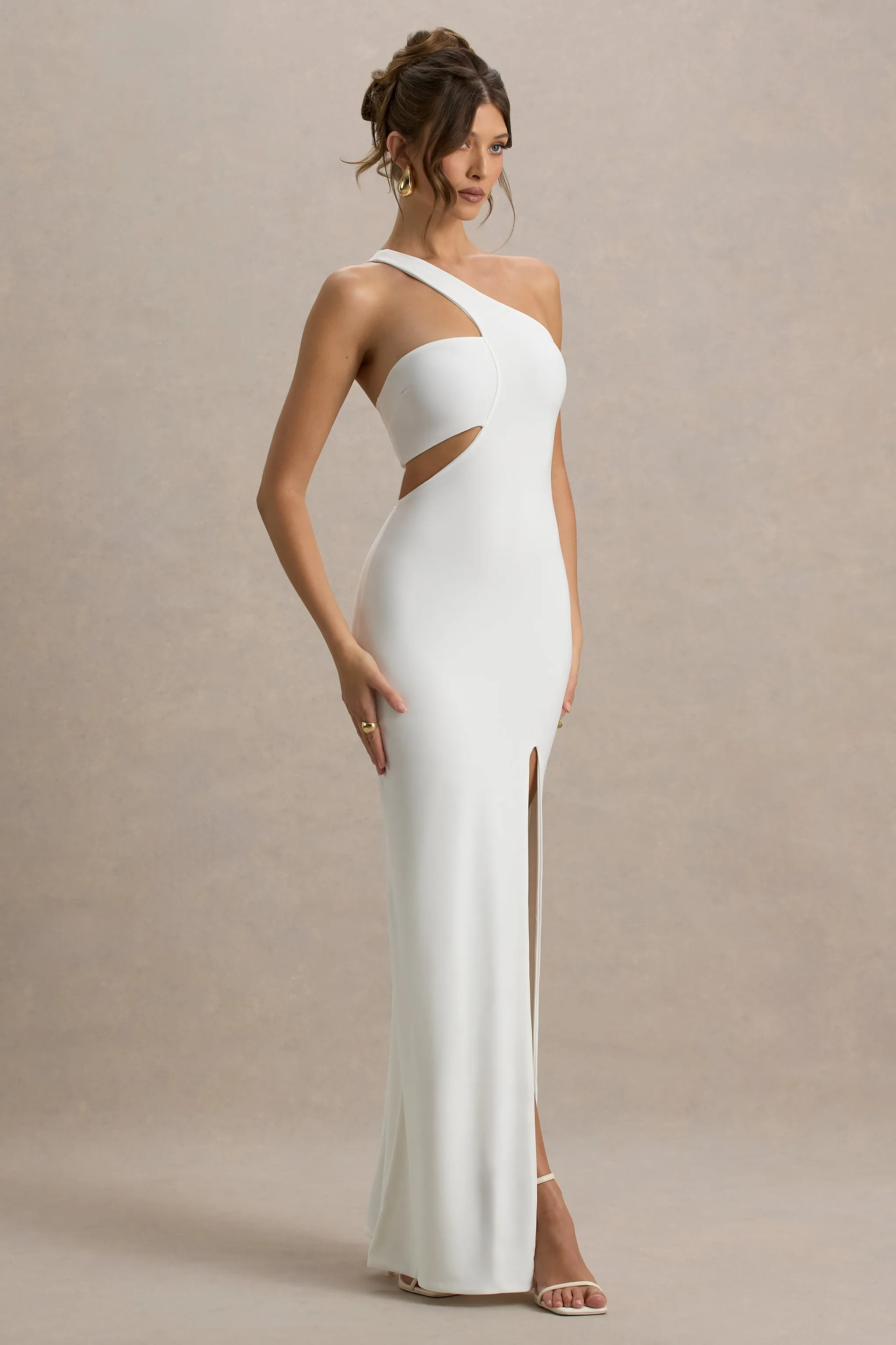 Matiya | White Asymmetric Cut-Out Split Maxi Dress Club L London