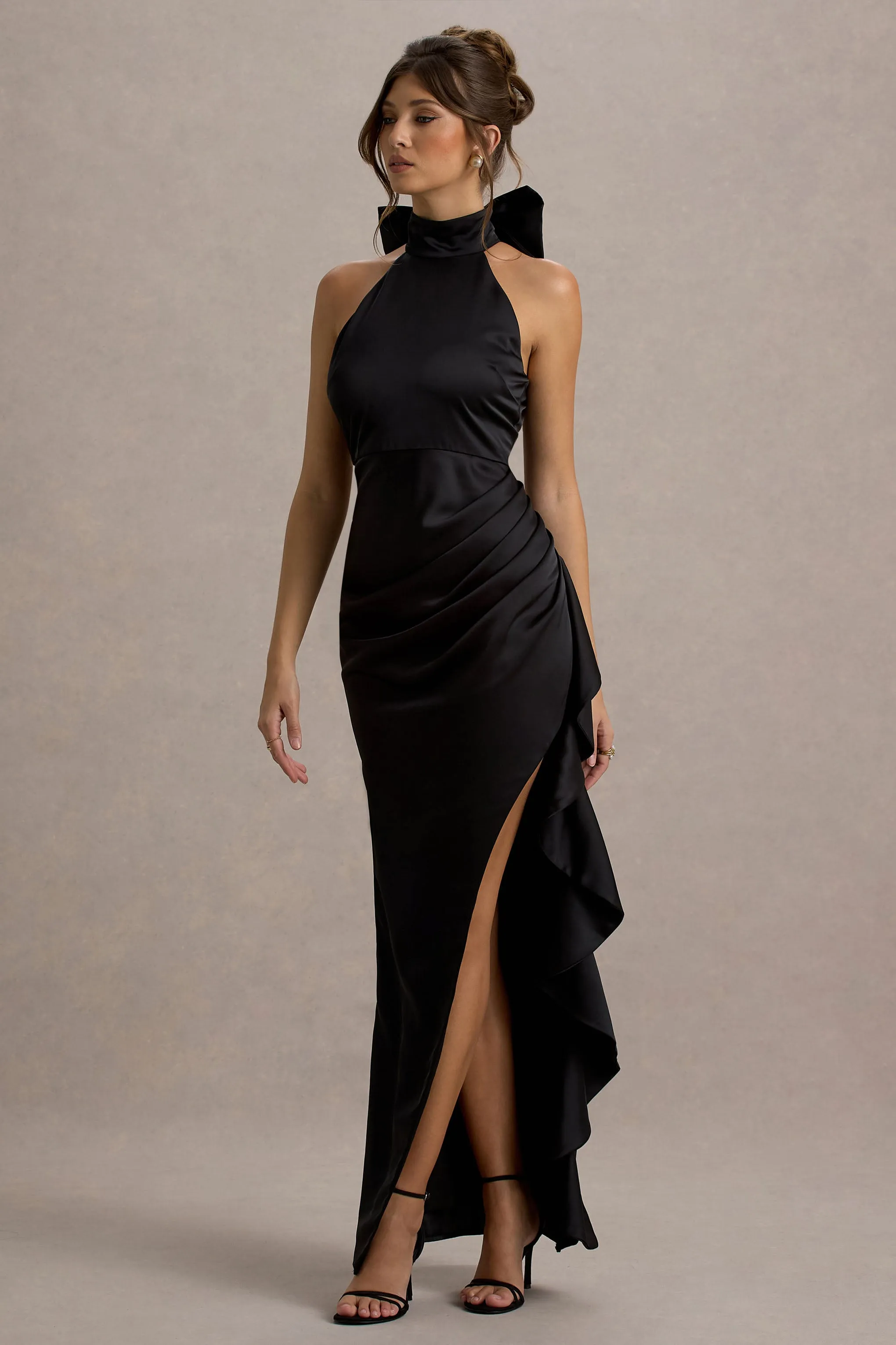 Maureen | Black Satin High-Neck Draped Maxi Dress Club L London