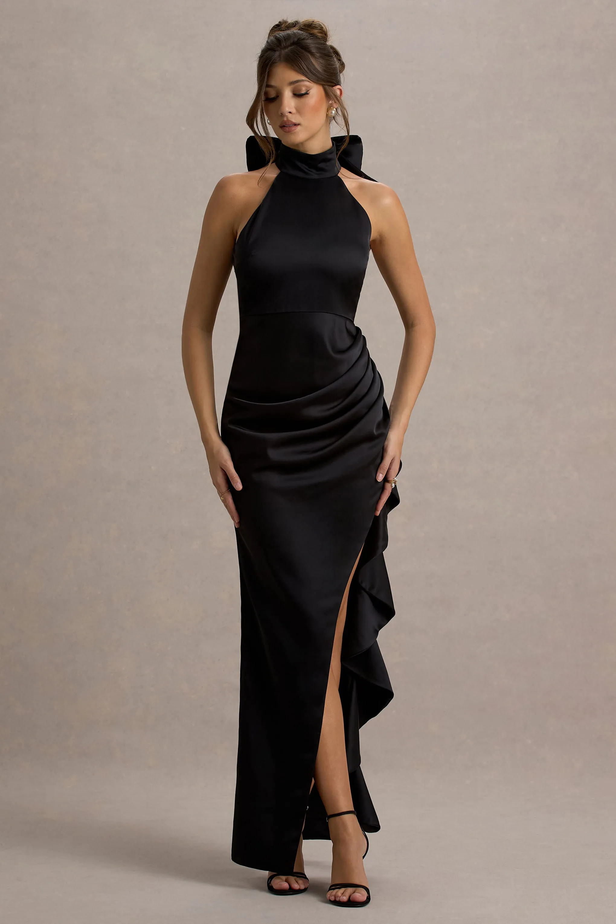 Maureen | Black Satin High-Neck Draped Maxi Dress Club L London