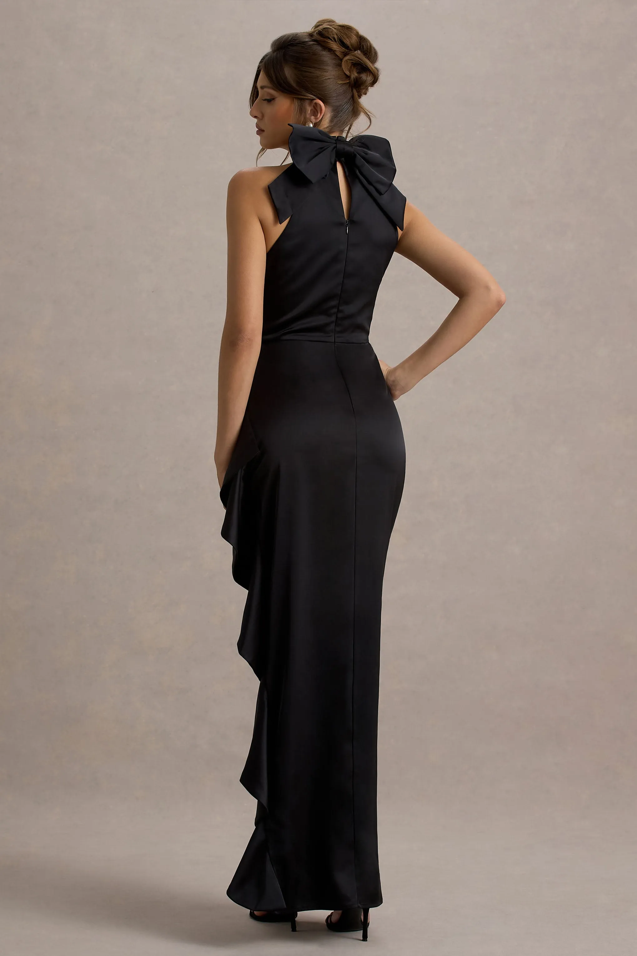 Maureen | Black Satin High-Neck Draped Maxi Dress Club L London