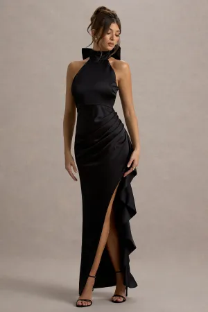 Maureen | Black Satin High-Neck Draped Maxi Dress Club L London