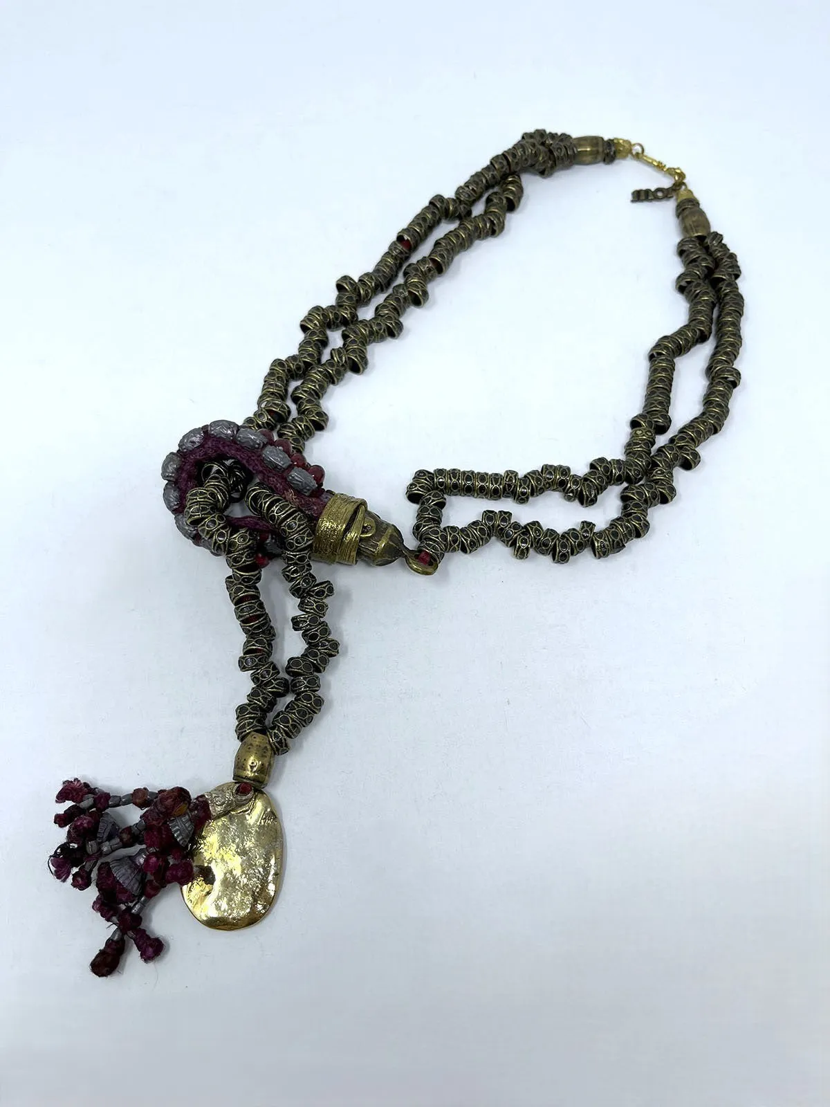 Mor London Gold & Burgundy Metal Etched Antiqued Necklace