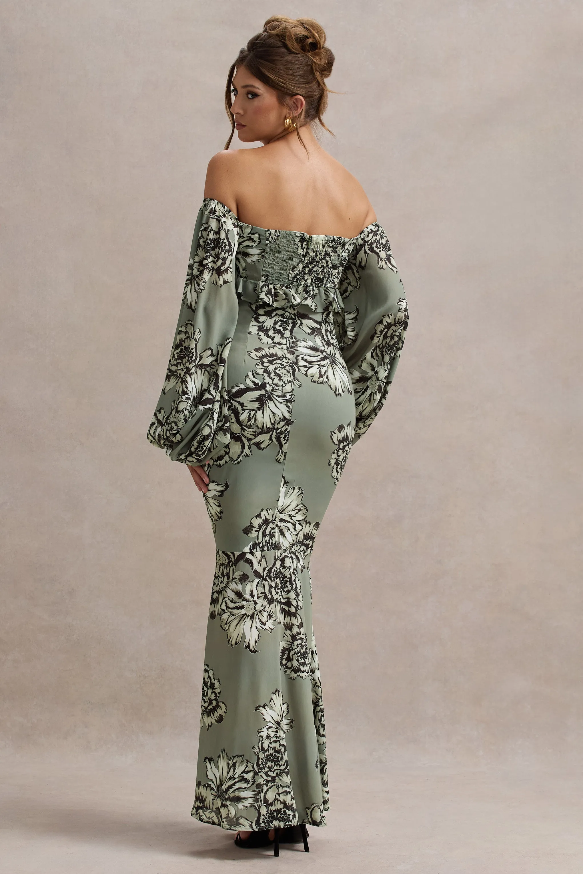 Murcia | Olive Floral Print Chiffon Puff-Sleeve Button Maxi Dress Club L London