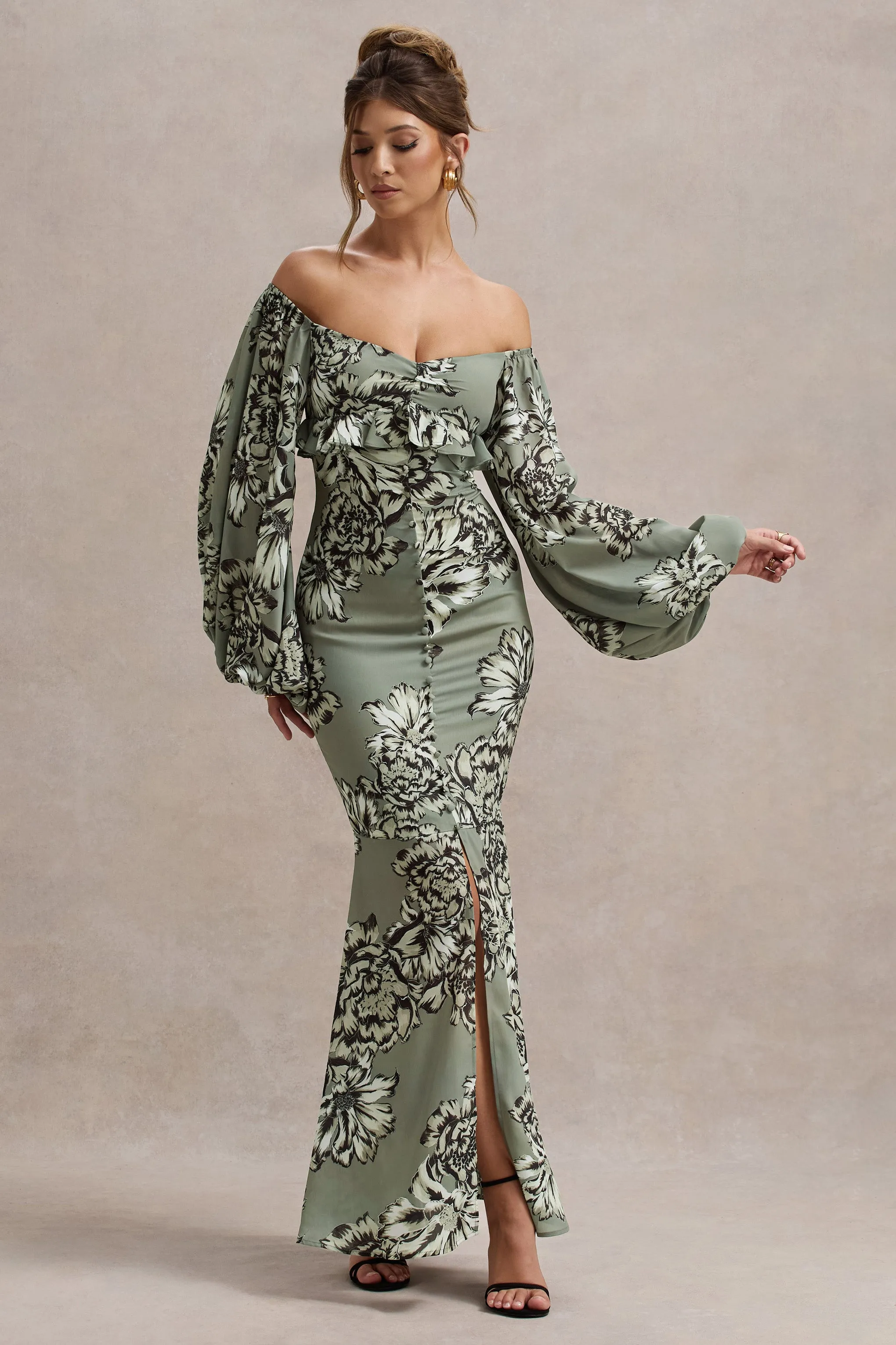 Murcia | Olive Floral Print Chiffon Puff-Sleeve Button Maxi Dress Club L London
